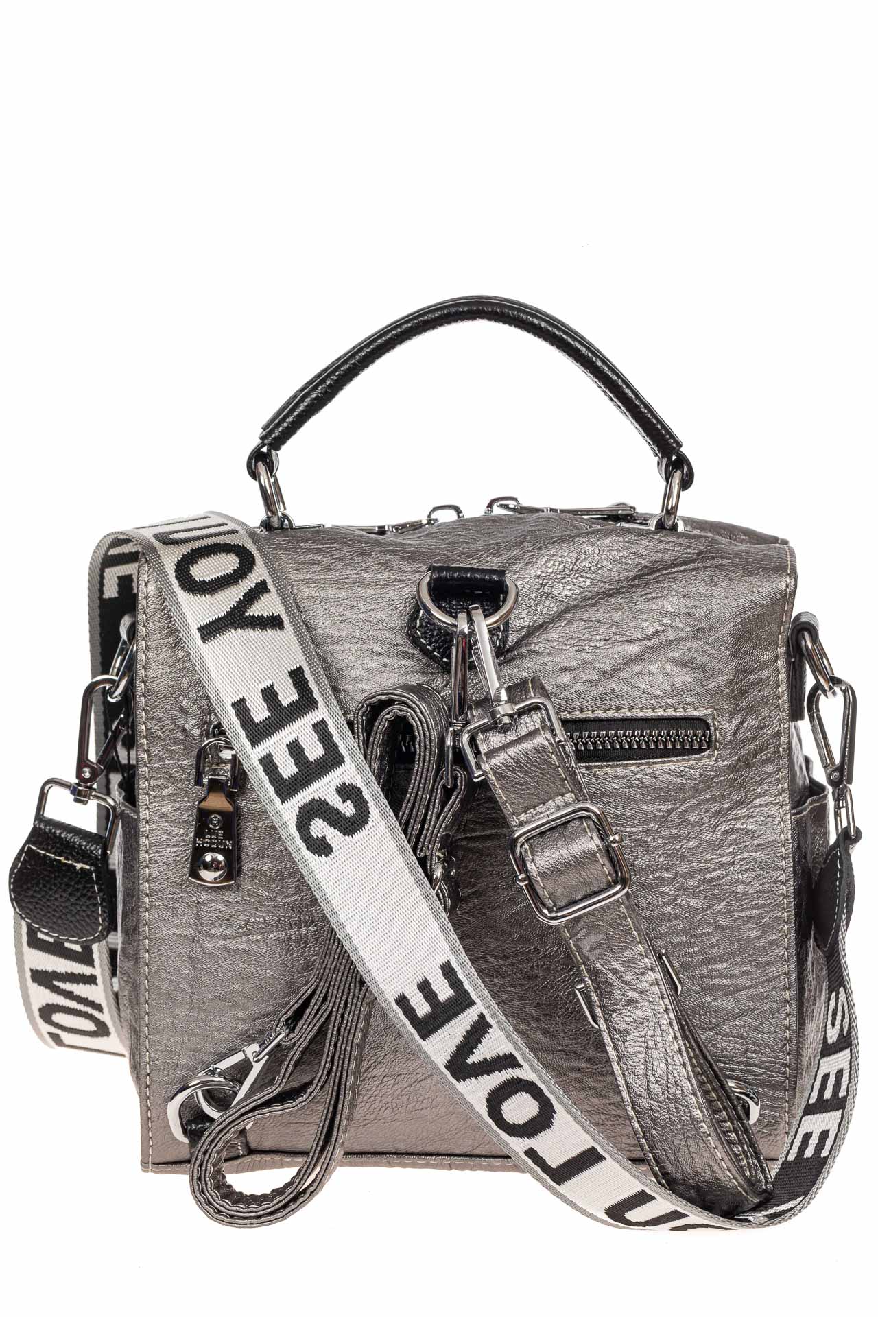 На фото 3 - Компактная сумка-рюкзак из искусственной кожи, цвет серебро