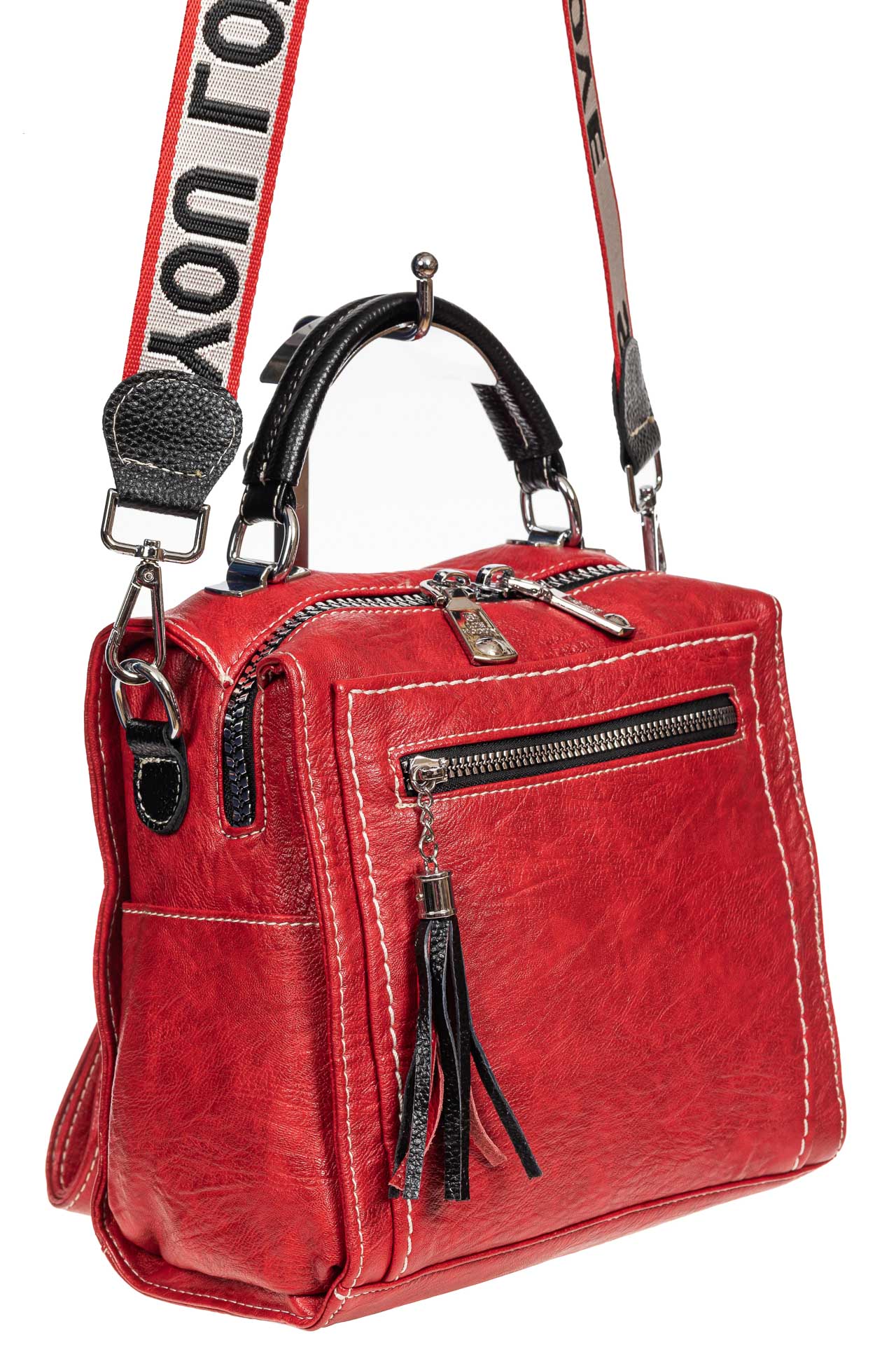 На фото 1 - Компактная сумка-рюкзак из искусственной кожи, цвет красный