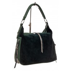 На фото 1 - Комбинированная сумка хобо из кожзама и замши, зеленая