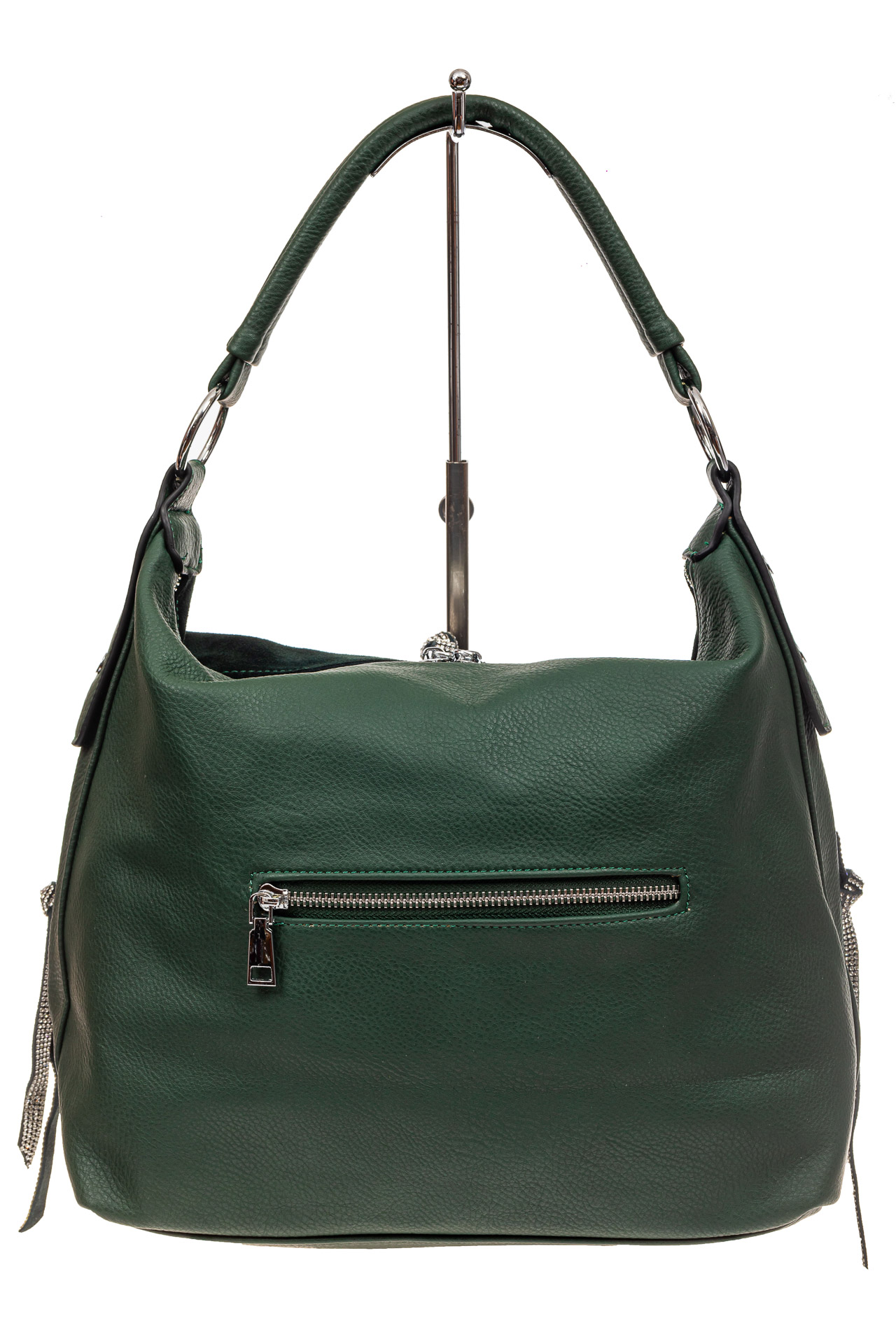 На фото 3 - Комбинированная сумка хобо из кожзама и замши, зеленая