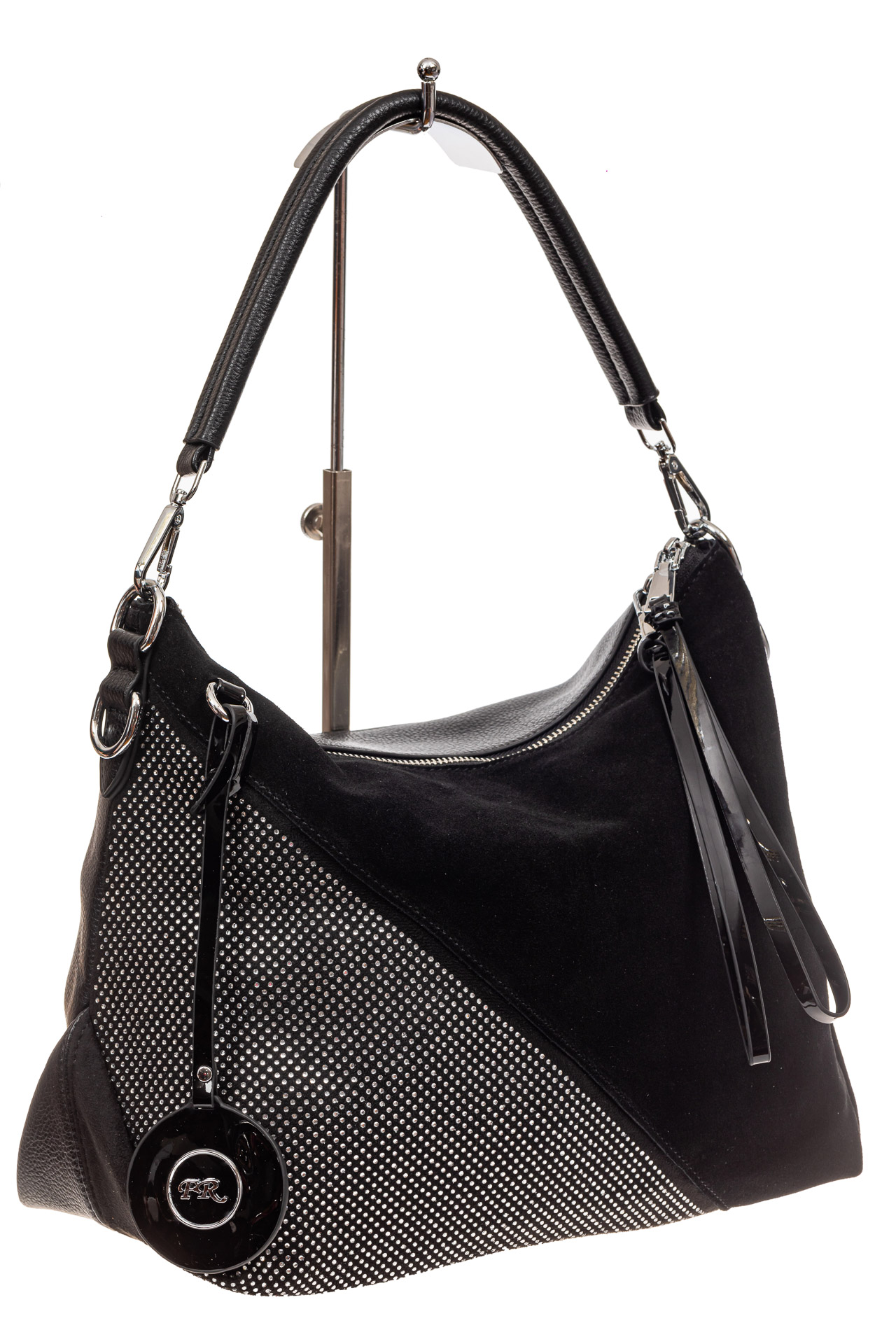 На фото 1 - Комбинированная сумка хобо из искусственной кожи и замши, цвет черный