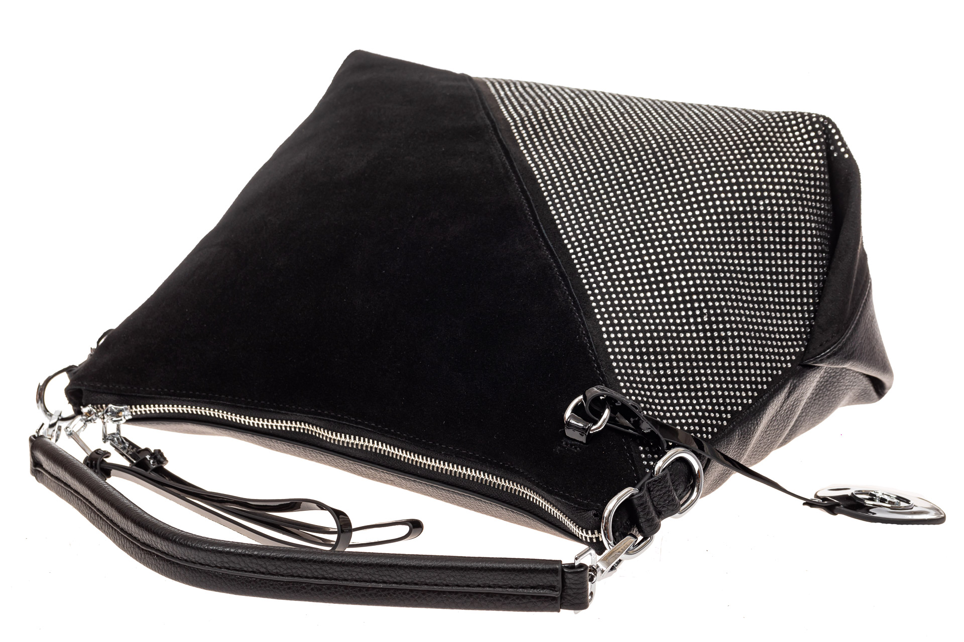 На фото 4 - Комбинированная сумка хобо из искусственной кожи и замши, цвет черный