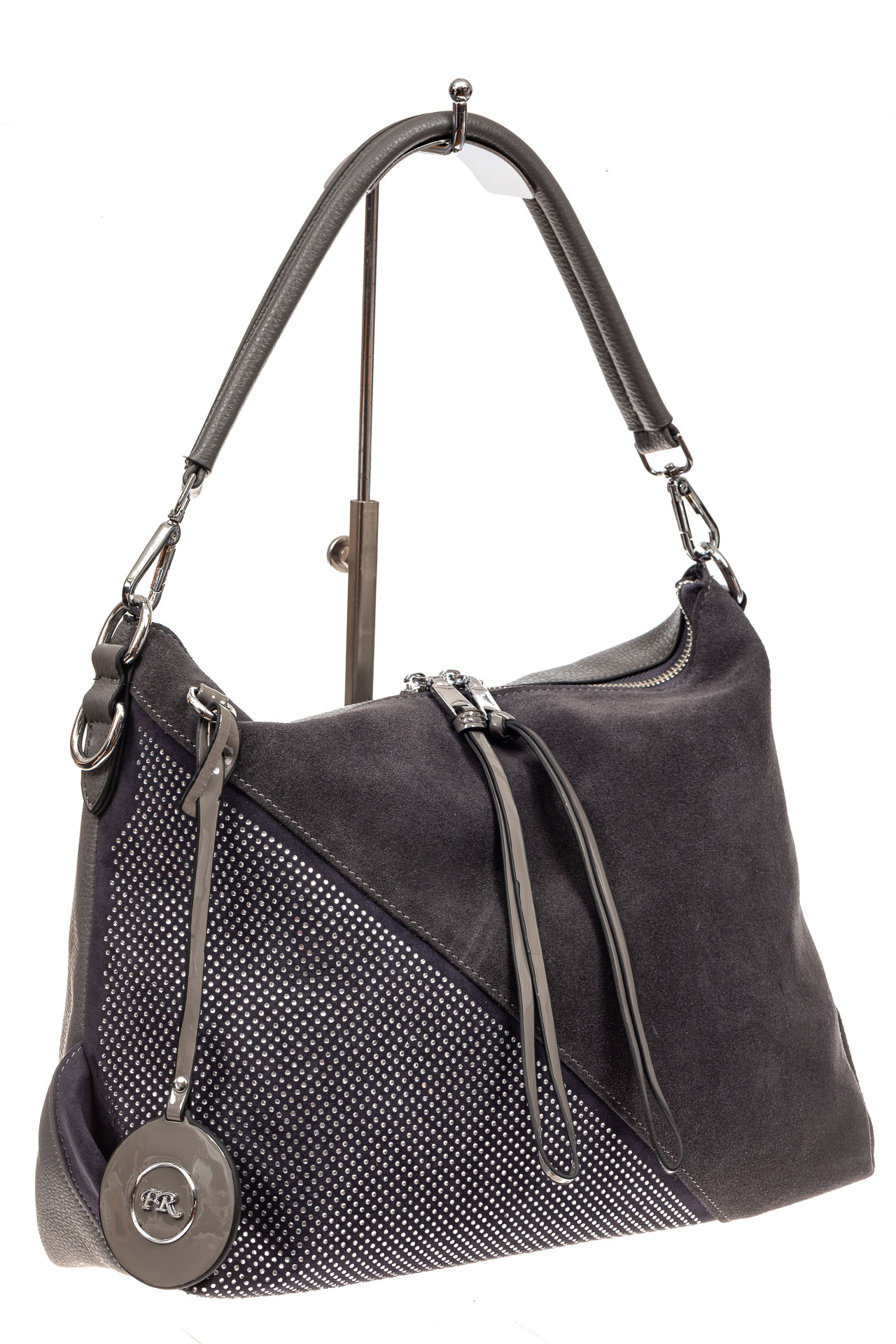 На фото 1 - Комбинированная сумка хобо из искусственной кожи и замши, цвет серый