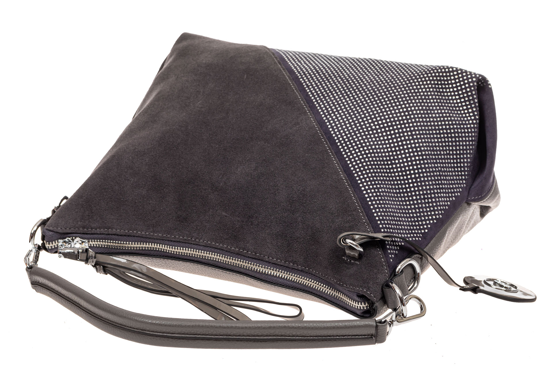 На фото 4 - Комбинированная сумка хобо из искусственной кожи и замши, цвет серый