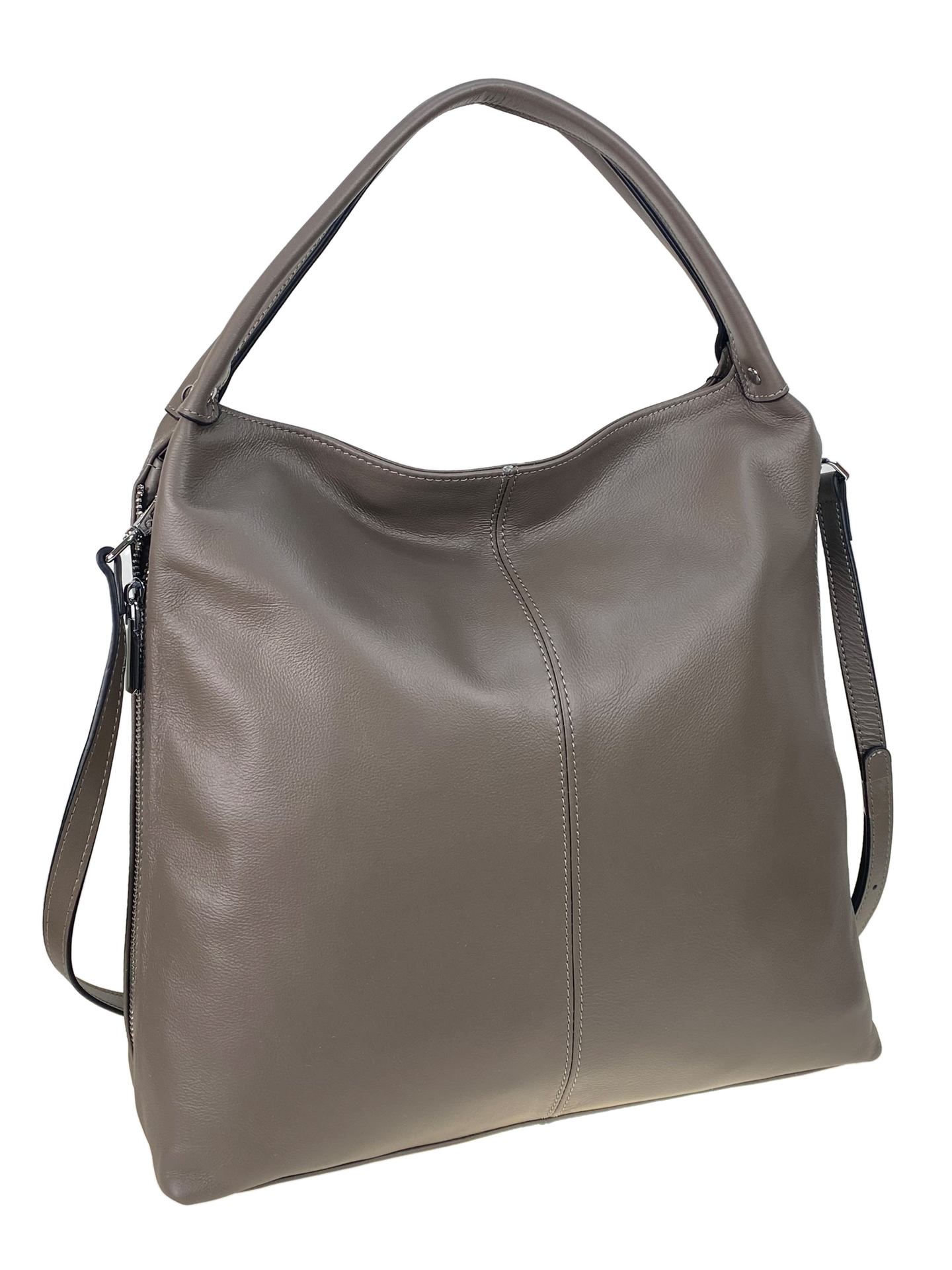 На фото 1 - Женская сумка из натуральной кожи цвет серо-бежевый