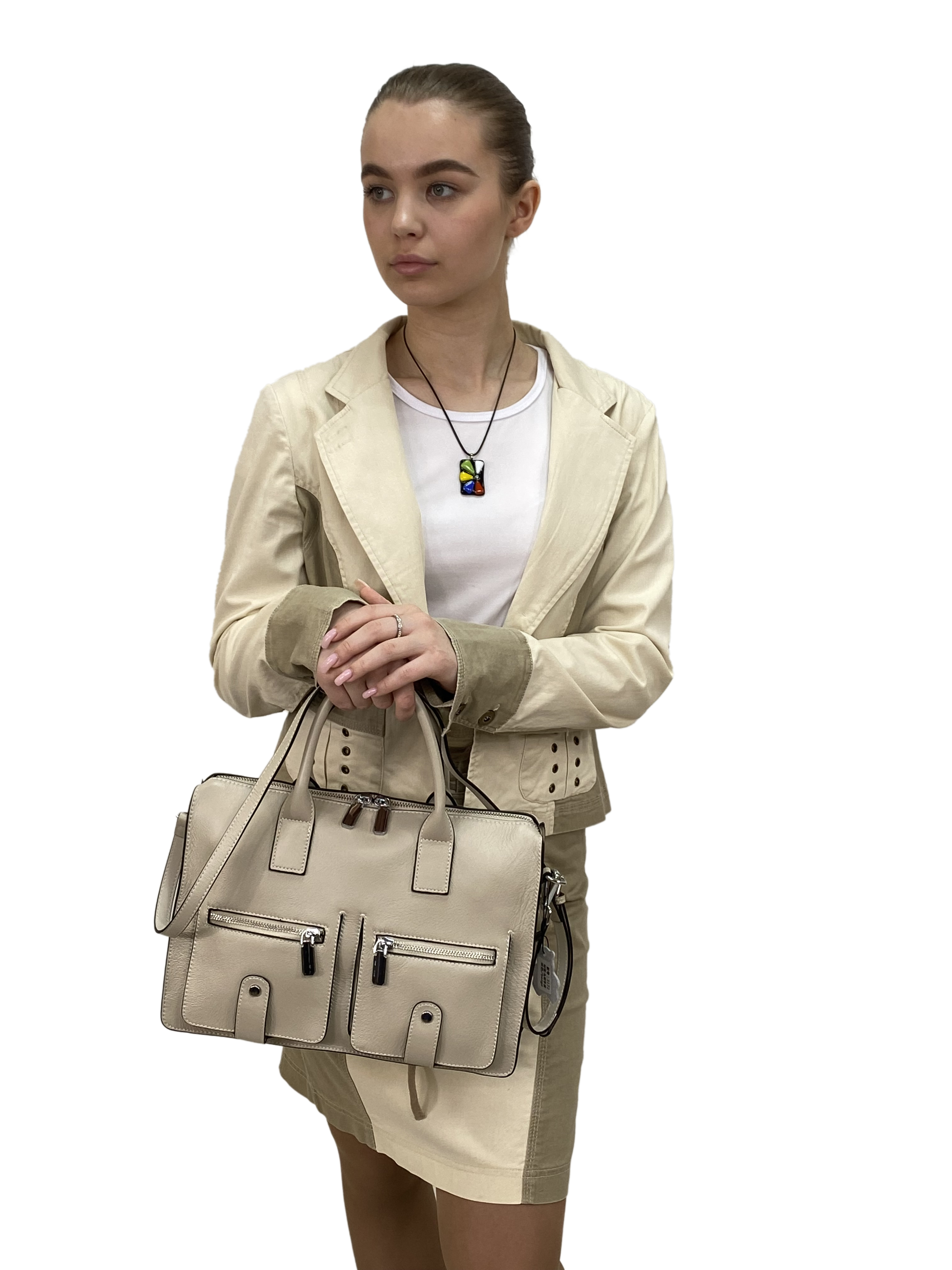 На фото 2 - Кожаная женская сумка-портфель, цвет  светло бежевый