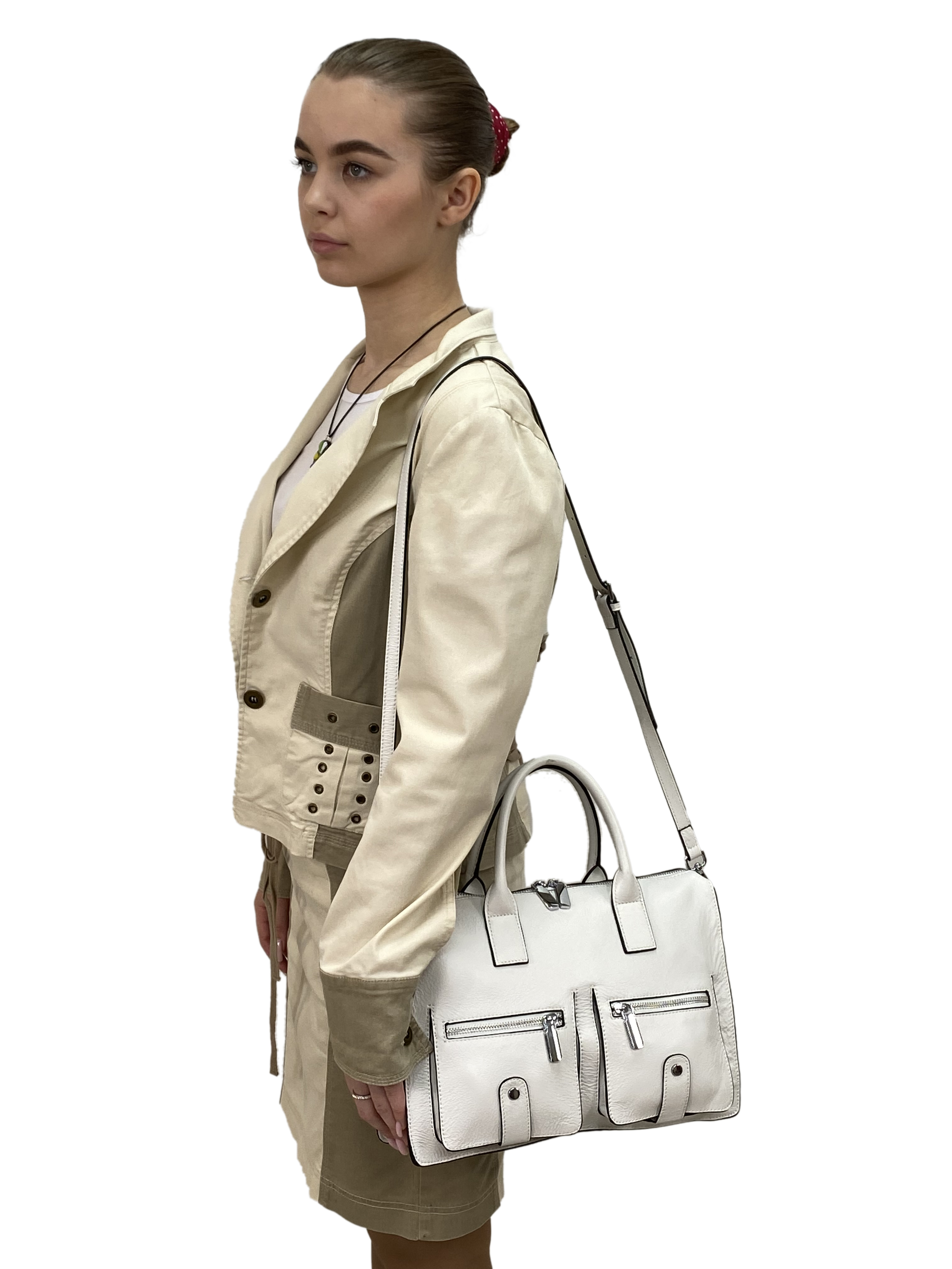 На фото 1 - Кожаная женская сумка-портфель, цвет белый