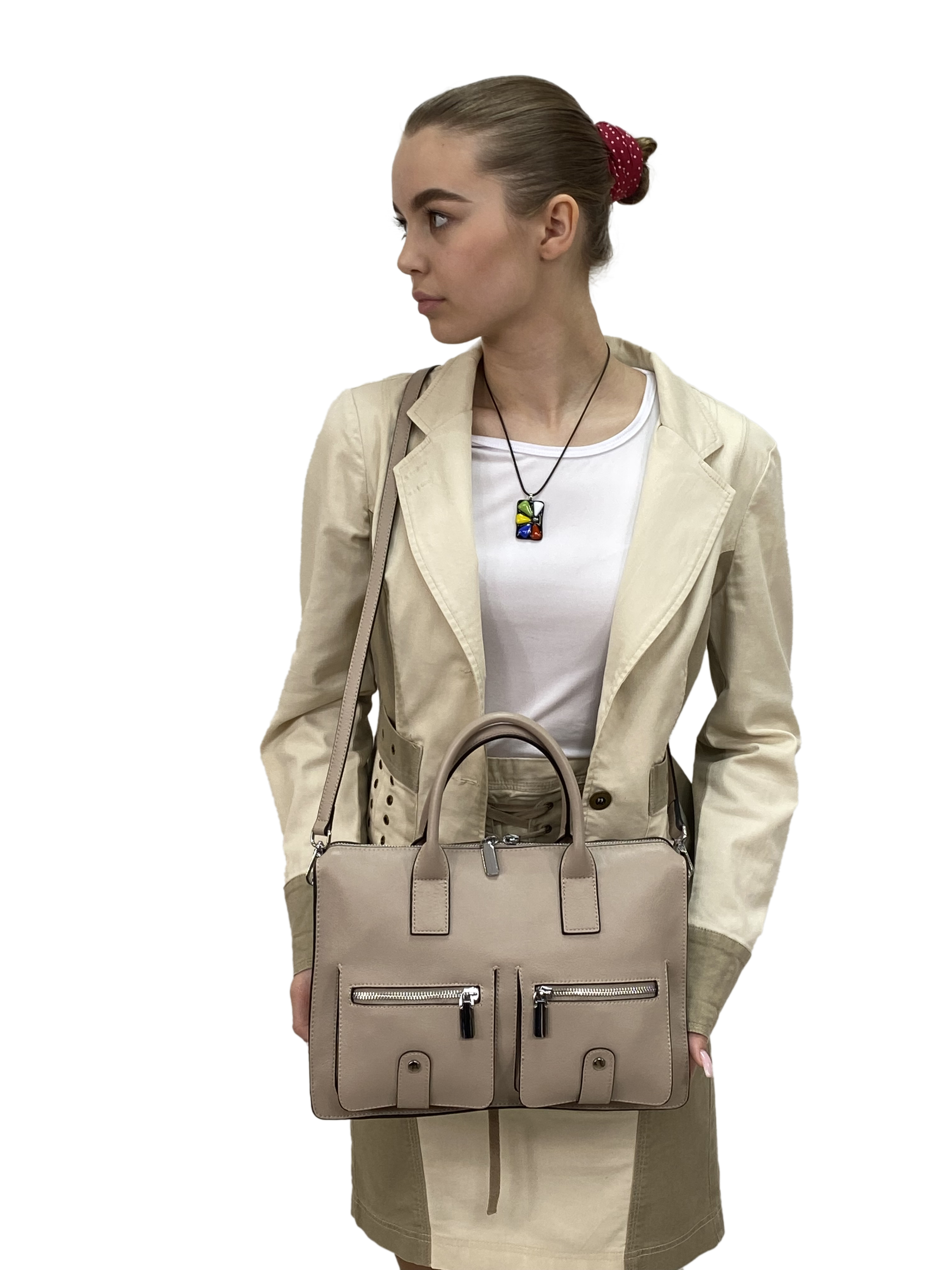 На фото 3 - Кожаная женская сумка-портфель, цвет пудра