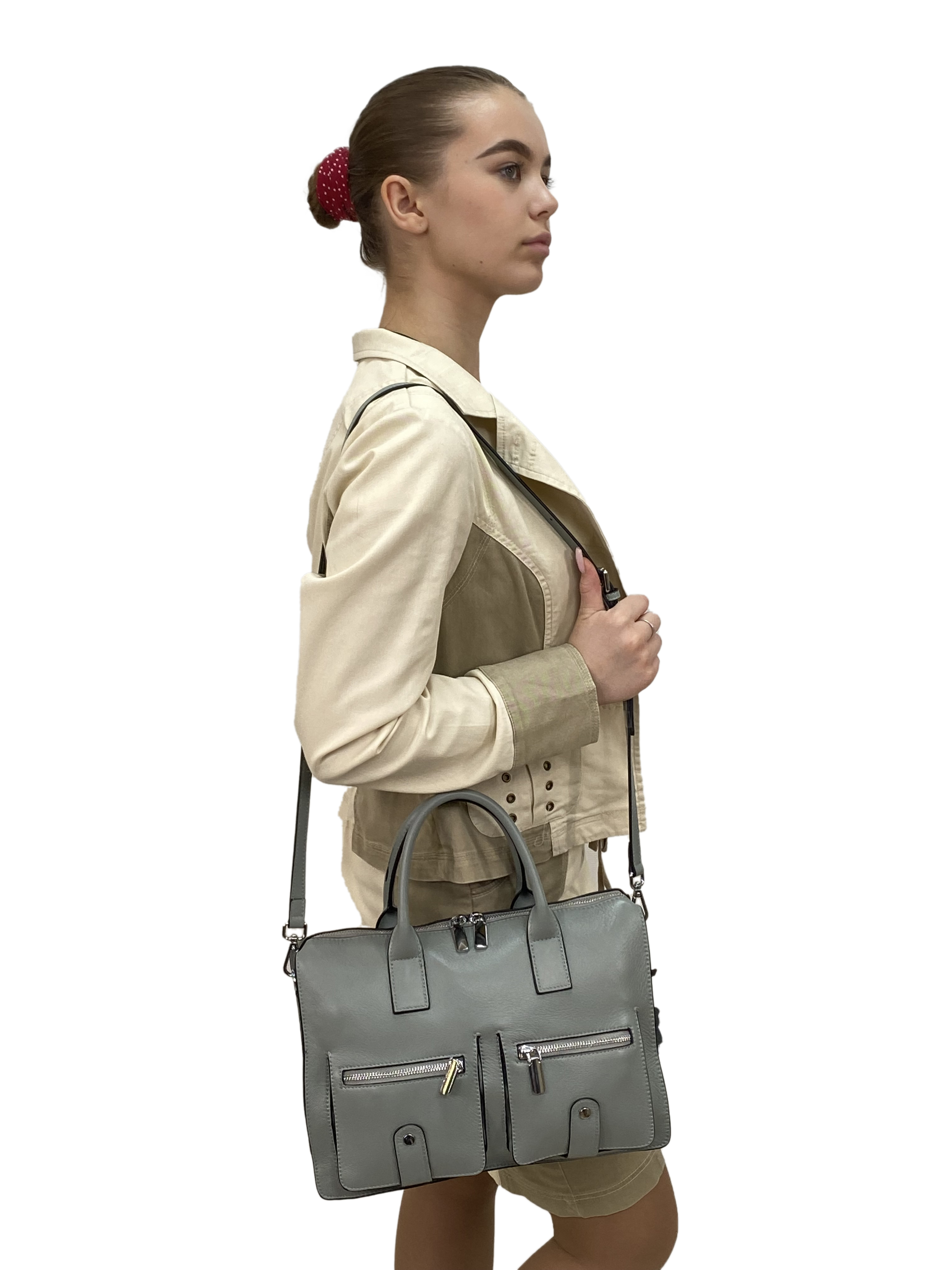 На фото 1 - Кожаная женская сумка-портфель, цвет серо-зеленый