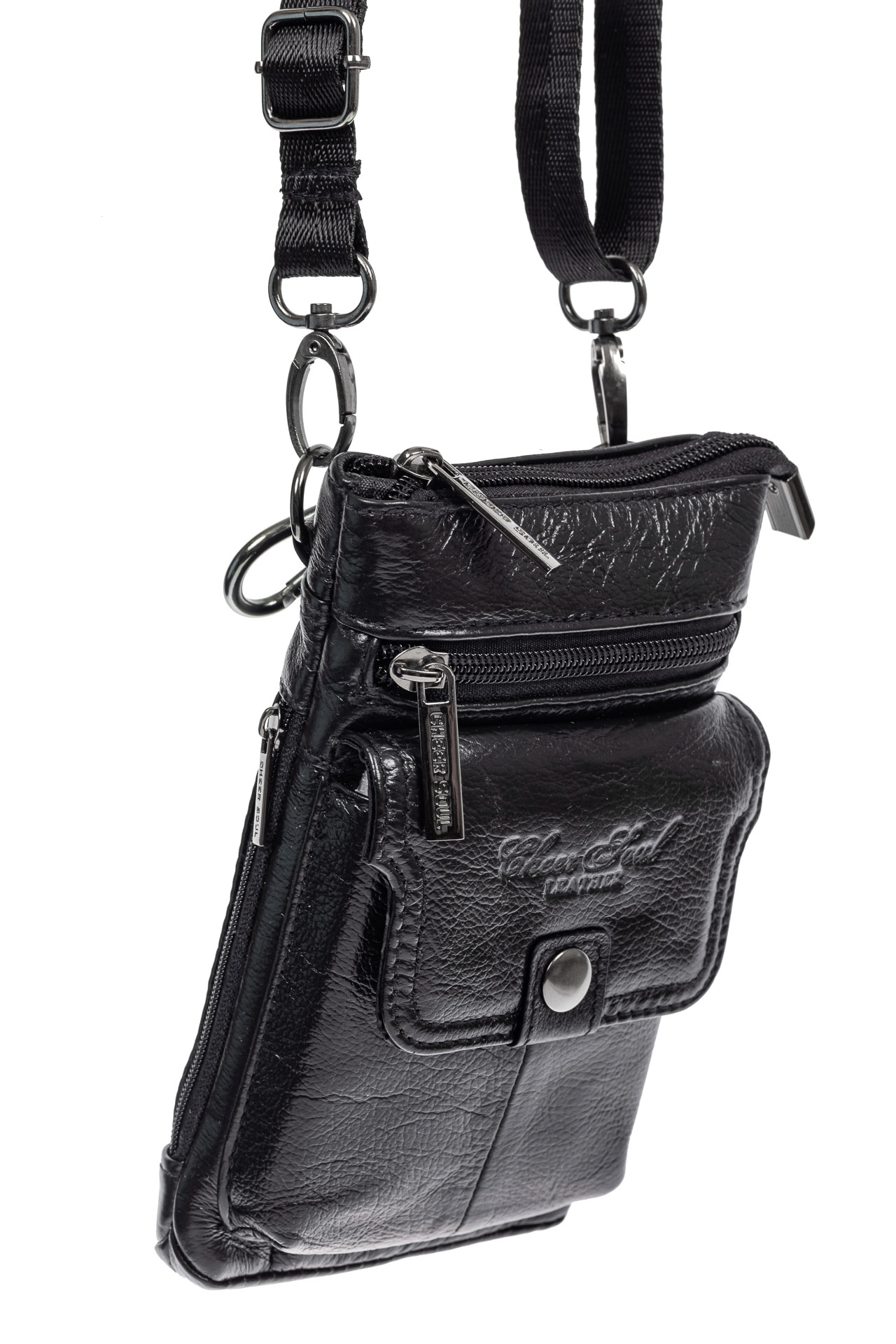 На фото 1 - Маленькая мужская сумка на пояс из натуральной кожи, цвет черный