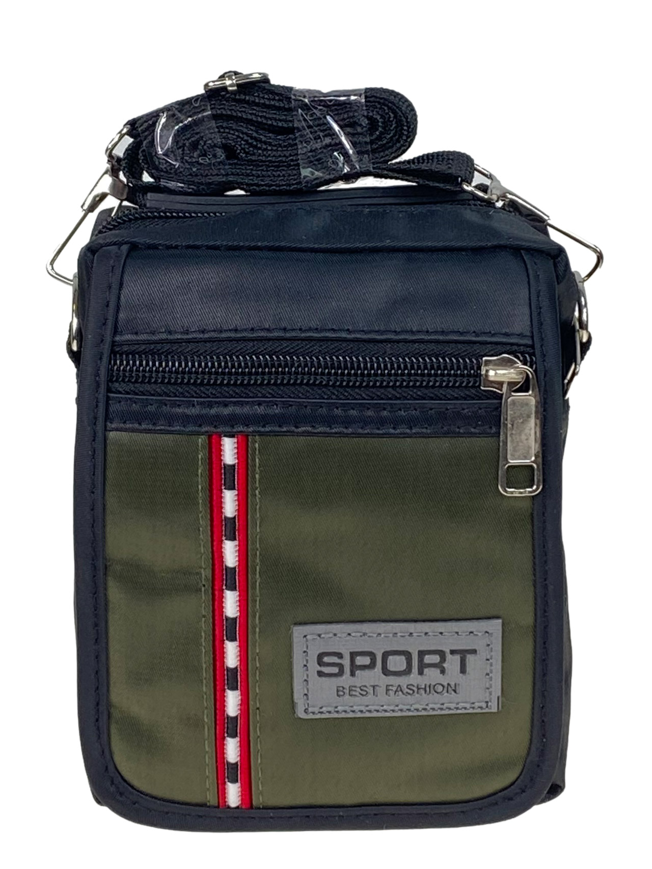 На фото 1 - Спортивная поясная сумка из текстиля, цвет черный с зеленым 