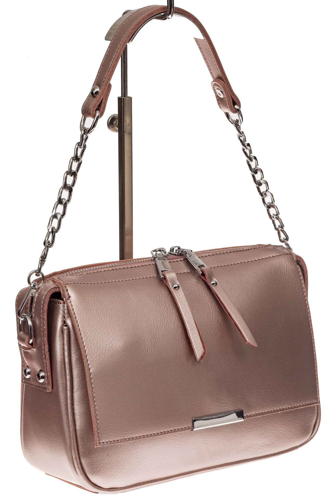 На фото 1 - Женская сумка из натуральной кожи, цвет розовый перламутр