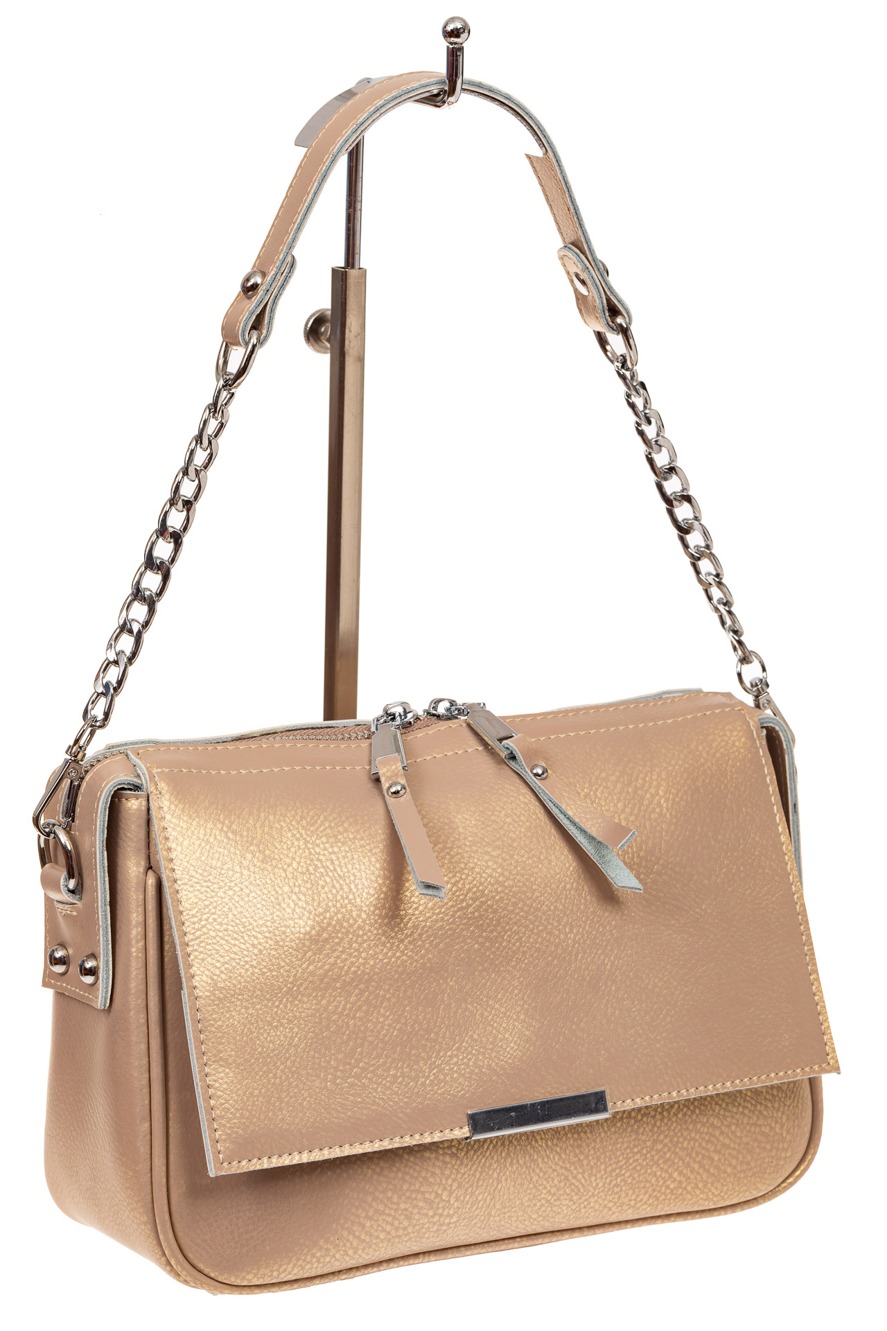 На фото 1 - Женская сумка из натуральной кожи, цвет розово-золотой перламутр