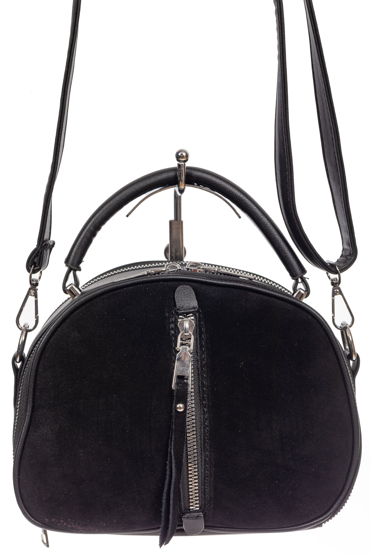 На фото 2 - Маленькая сумка-купол из искусственной кожи и натуральной замши, цвет чёрный