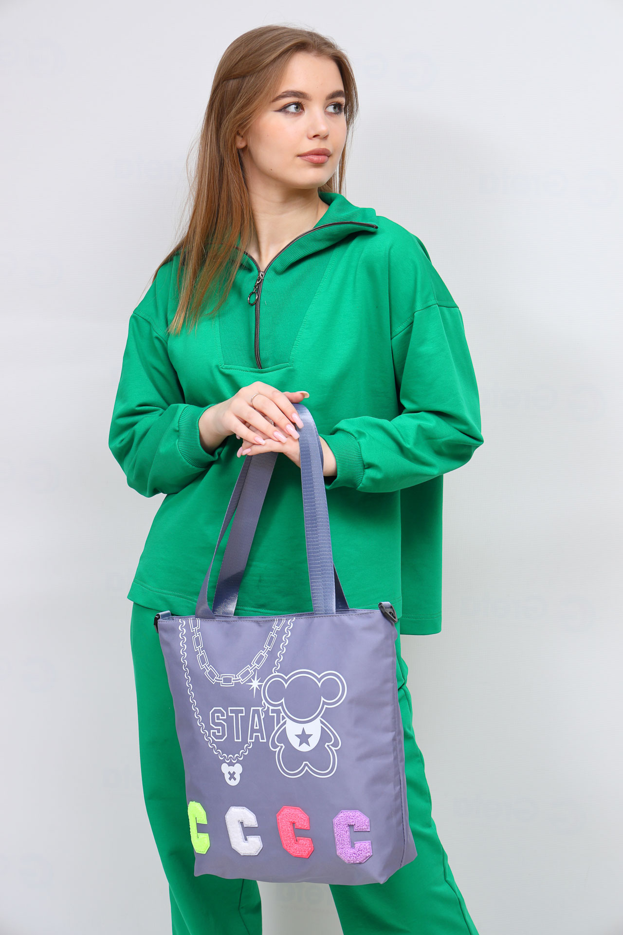 На фото 1 - Женская сумка шоппер из текстиля, цвет синий