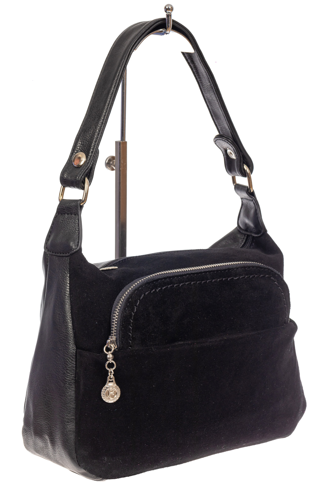 На фото 1 - Небольшая женская сумка из искусственной кожи и замши, цвет чёрный