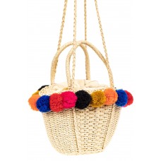 На фото 1 - Плетеная сумка-корзинка из джута с помпонами, цвет слоновой кости