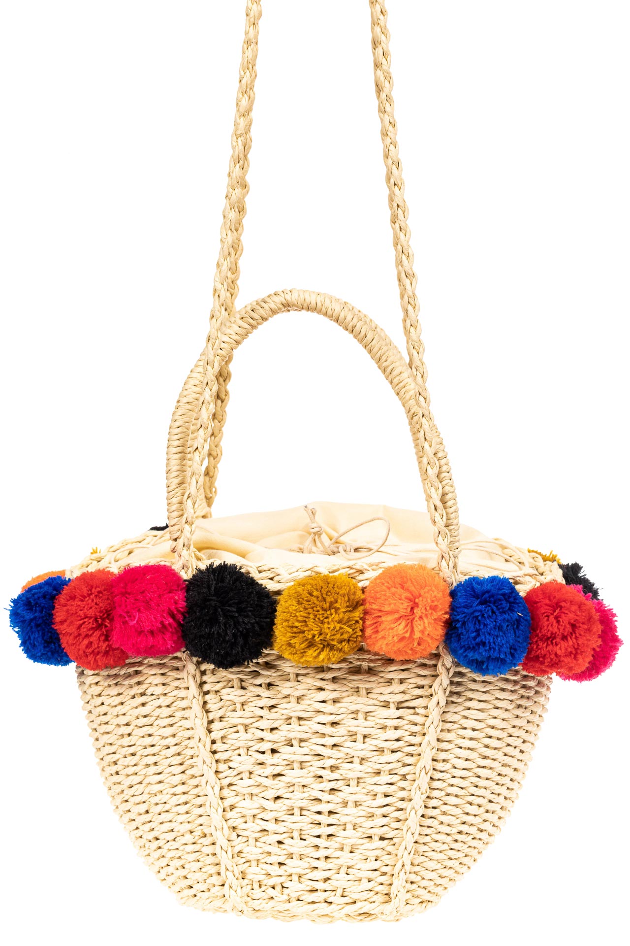 На фото 2 - Плетеная сумка-корзинка из джута с помпонами, цвет слоновой кости
