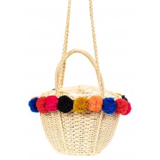 На фото 2 - Плетеная сумка-корзинка из джута с помпонами, цвет слоновой кости