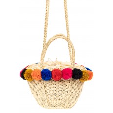 На фото 3 - Плетеная сумка-корзинка из джута с помпонами, цвет слоновой кости