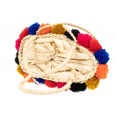 На фото 4 - Плетеная сумка-корзинка из джута с помпонами, цвет слоновой кости