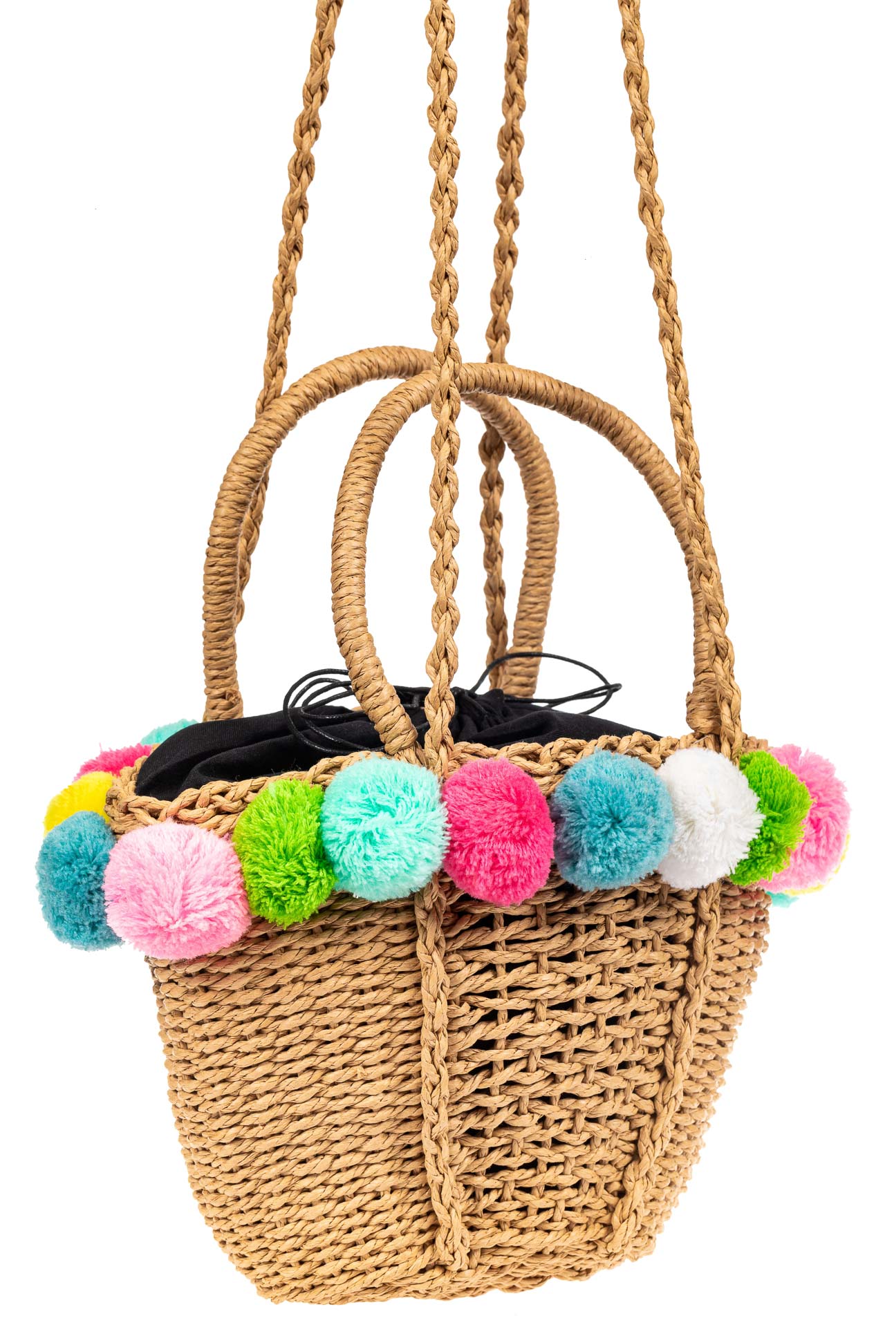 На фото 1 - Плетеная сумка-корзинка из джута с помпонами, цвет крафт