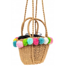 На фото 1 - Плетеная сумка-корзинка из джута с помпонами, цвет крафт