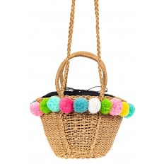 На фото 2 - Плетеная сумка-корзинка из джута с помпонами, цвет крафт