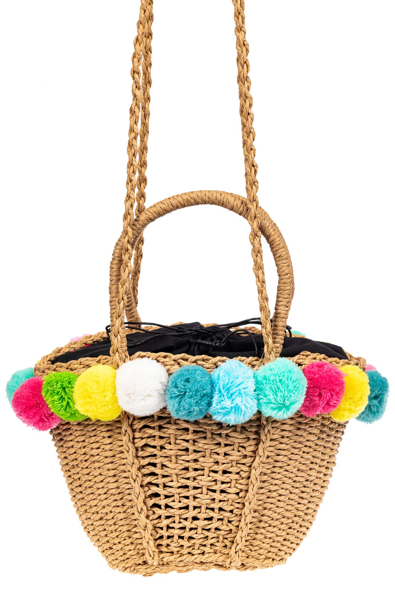 На фото 3 - Плетеная сумка-корзинка из джута с помпонами, цвет крафт