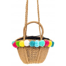 На фото 3 - Плетеная сумка-корзинка из джута с помпонами, цвет крафт