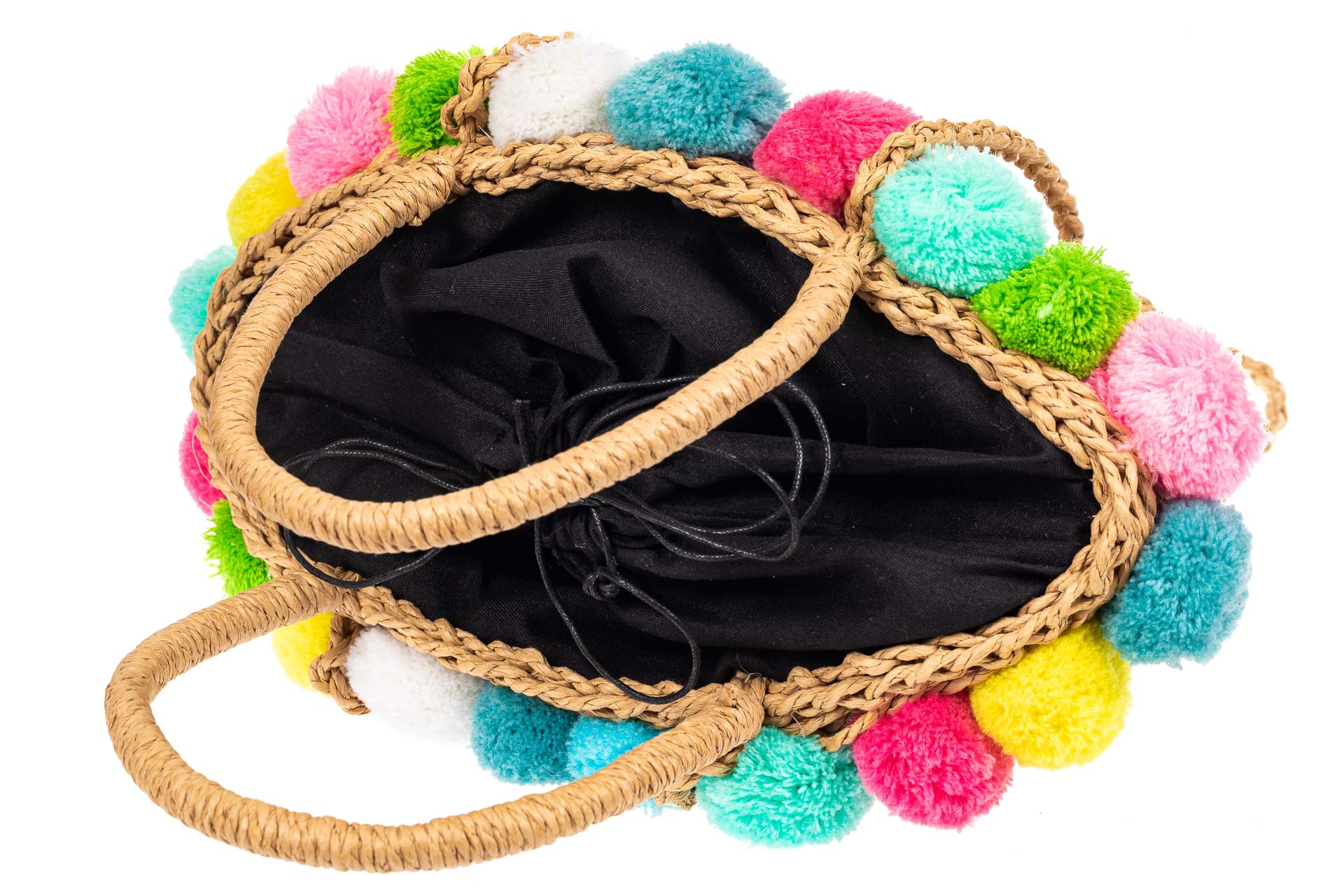 На фото 4 - Плетеная сумка-корзинка из джута с помпонами, цвет крафт
