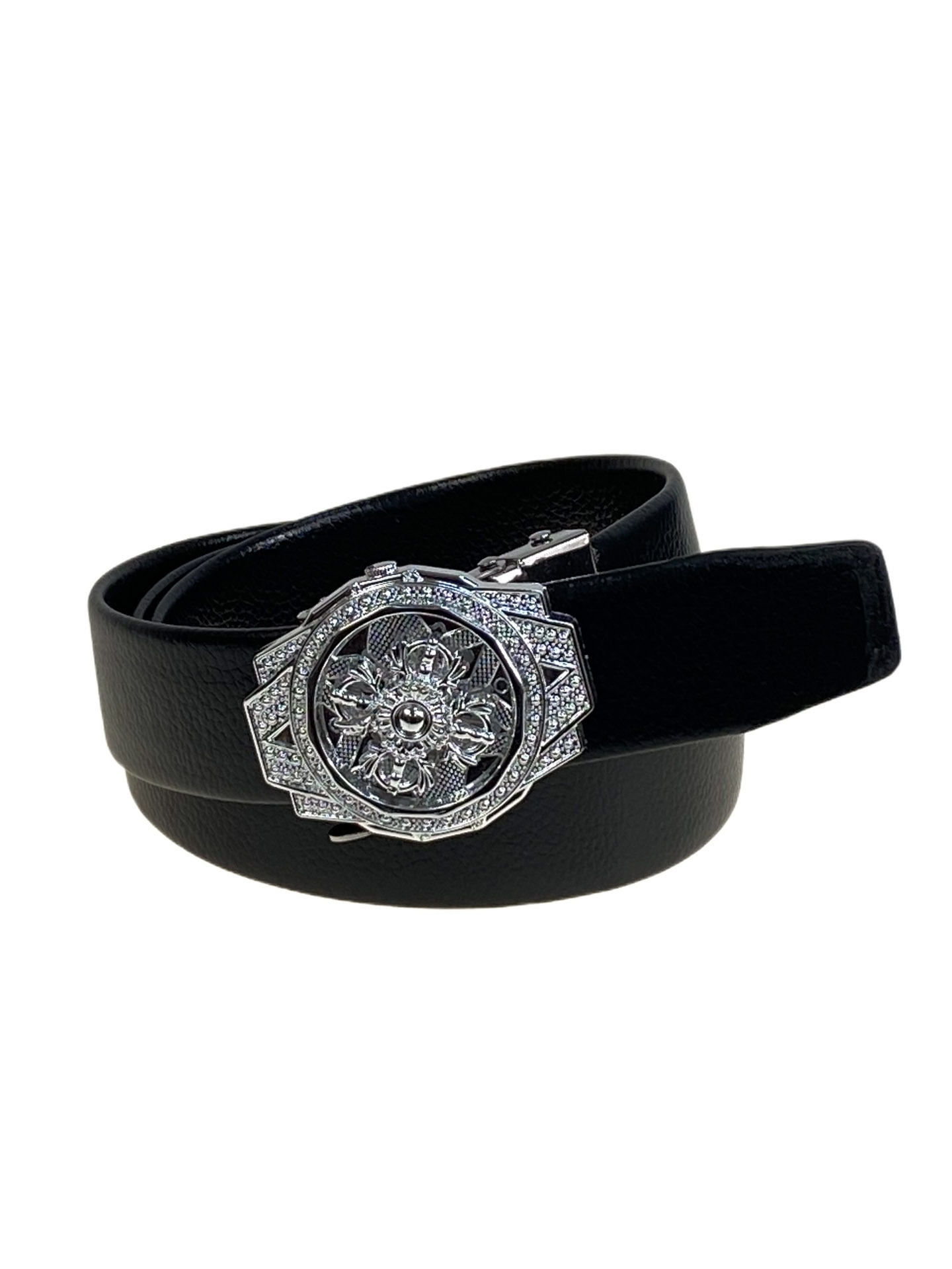 На фото 1 -  Ремень мужской с автоматической пряжкой из искусственной кожи, цвет черный