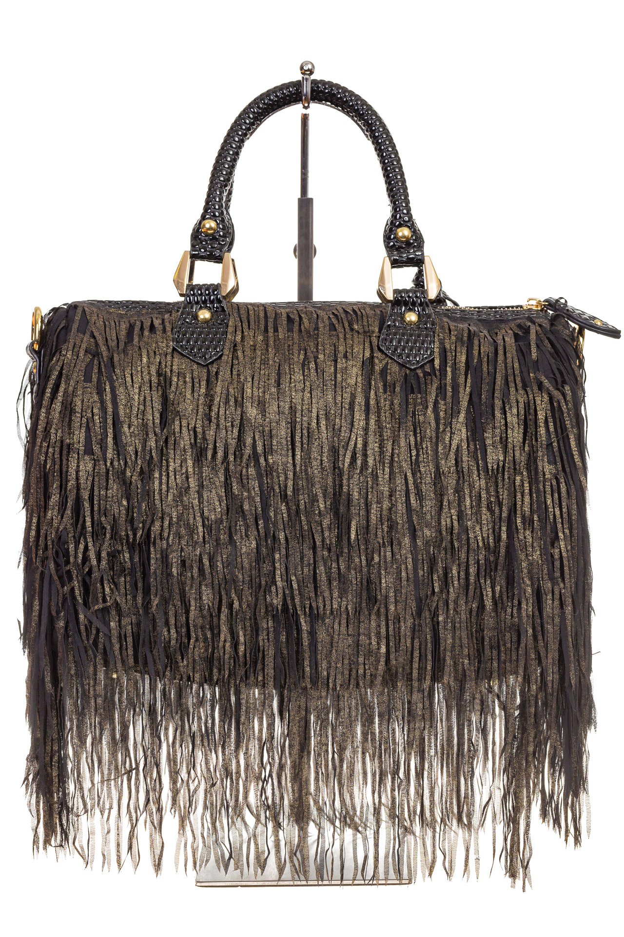 На фото 3 - Женская сумка с бахромой, цвет темная бронза