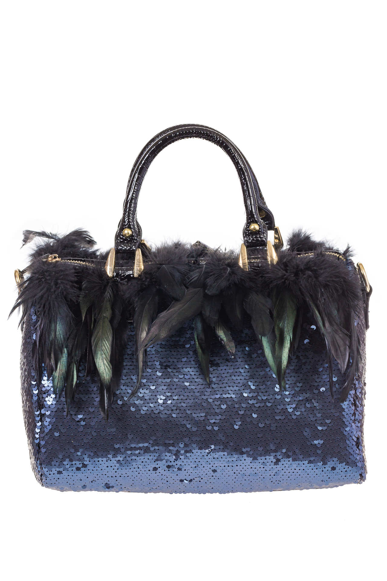 На фото 2 - Женская сумка с пайетками и перьями, цвет синий