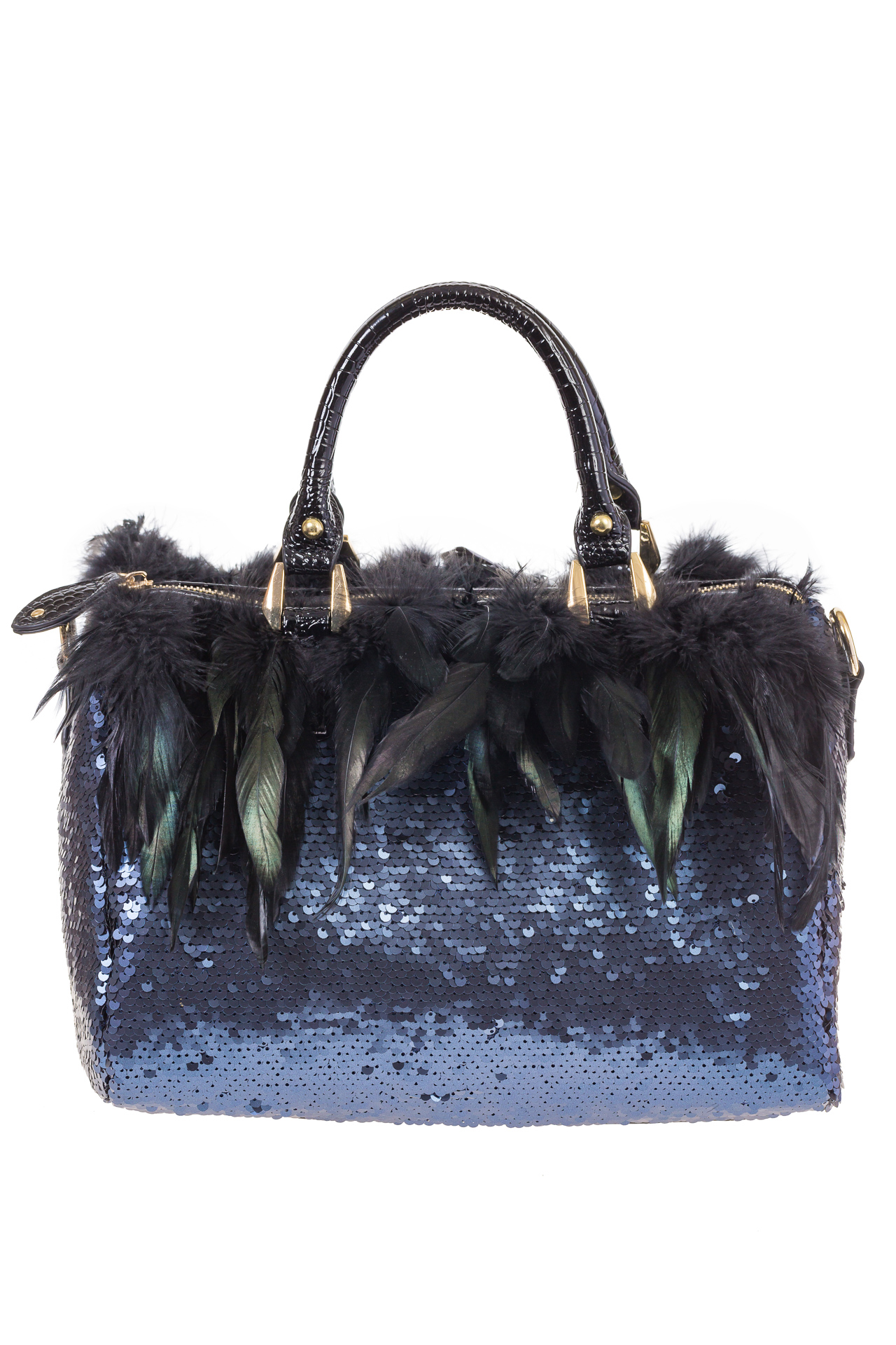 На фото 3 - Женская сумка с пайетками и перьями, цвет синий
