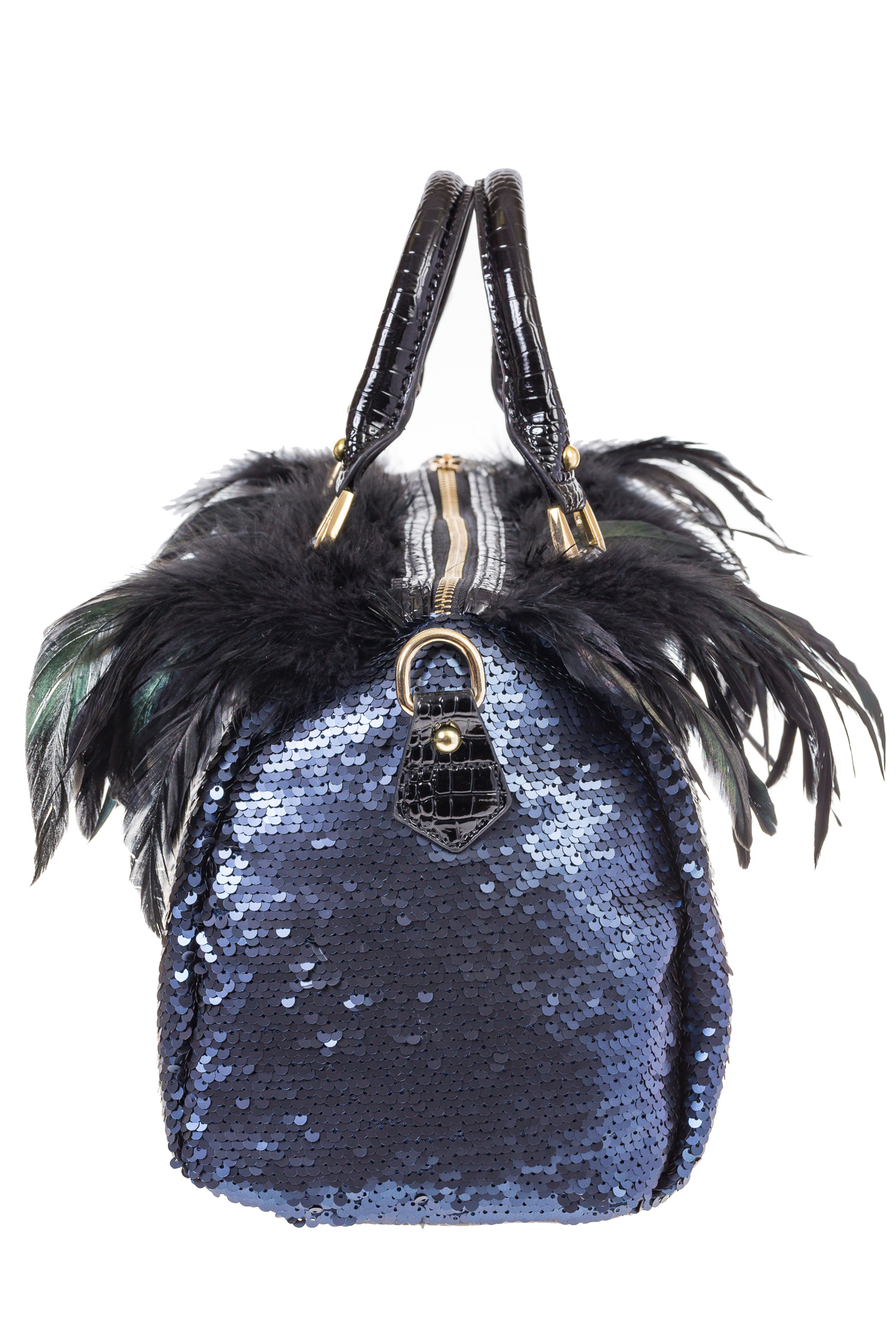 На фото 4 - Женская сумка с пайетками и перьями, цвет синий