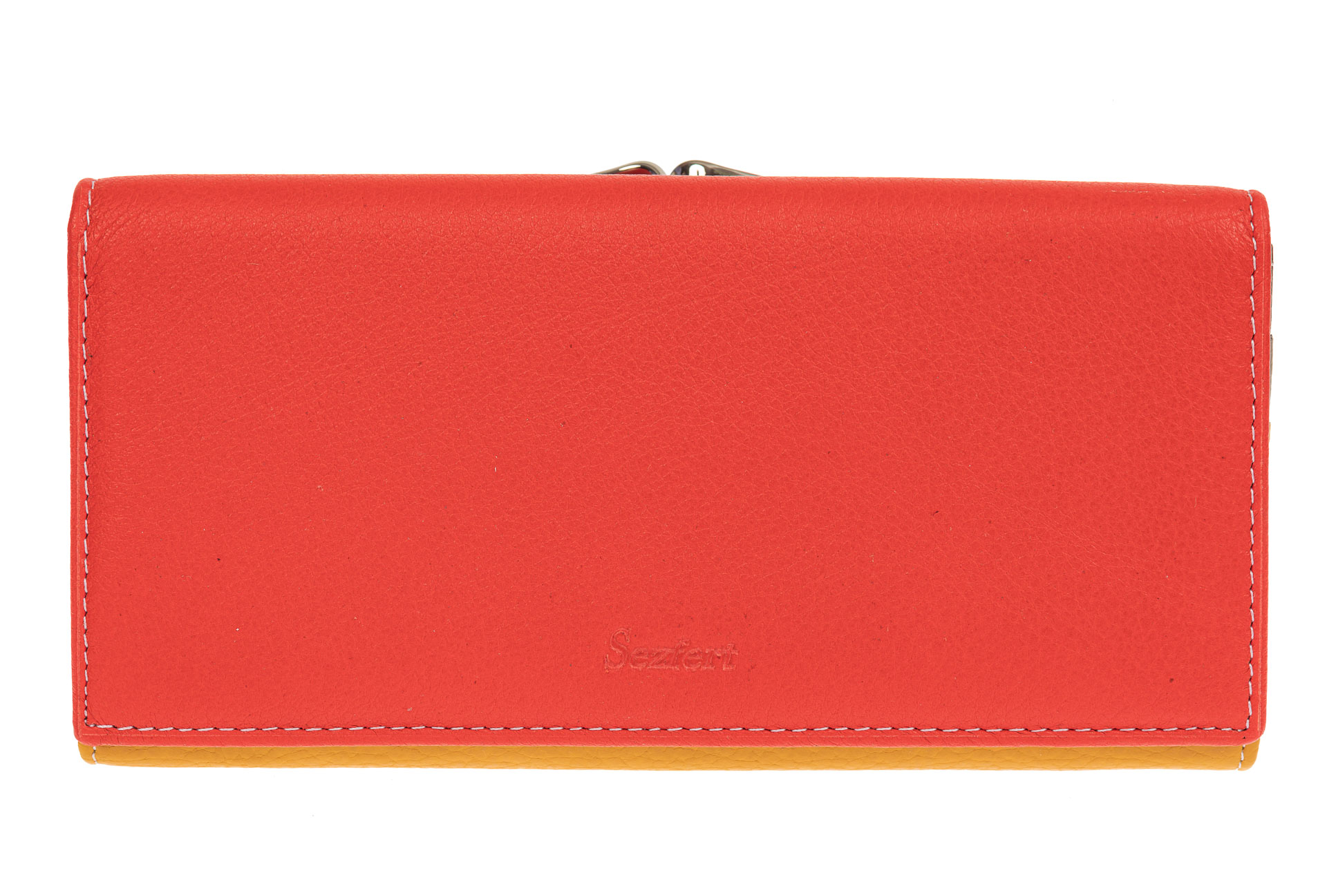 На фото 1 - Двухцветный женский кошелёк-портмоне из натуральной кожи, красный с оранжевым