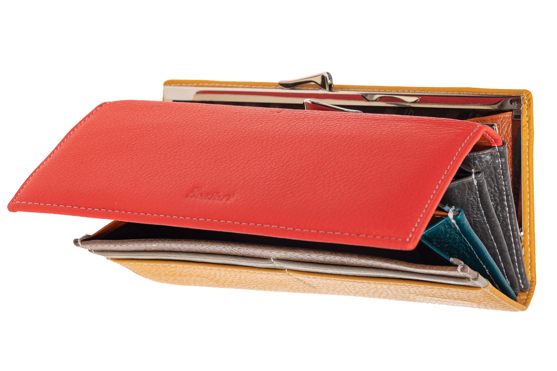 На фото 2 - Двухцветный женский кошелёк-портмоне из натуральной кожи, красный с оранжевым