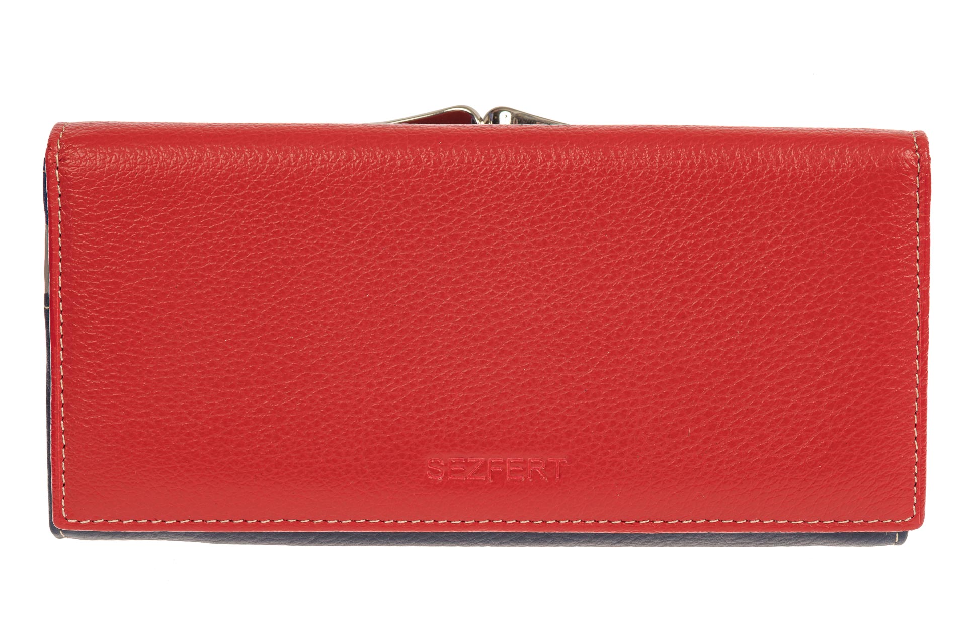 На фото 1 - Двухцветный женский кошелёк-портмоне из натуральной кожи, красный с синим