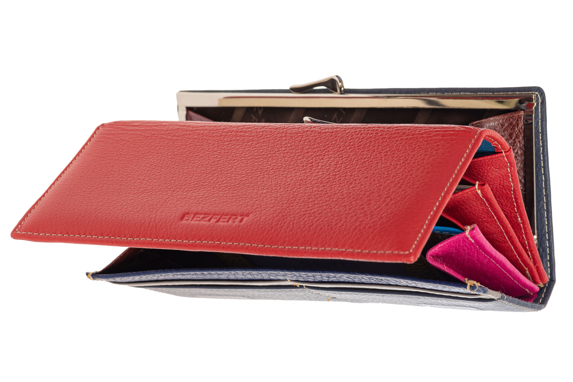 На фото 2 - Двухцветный женский кошелёк-портмоне из натуральной кожи, красный с синим