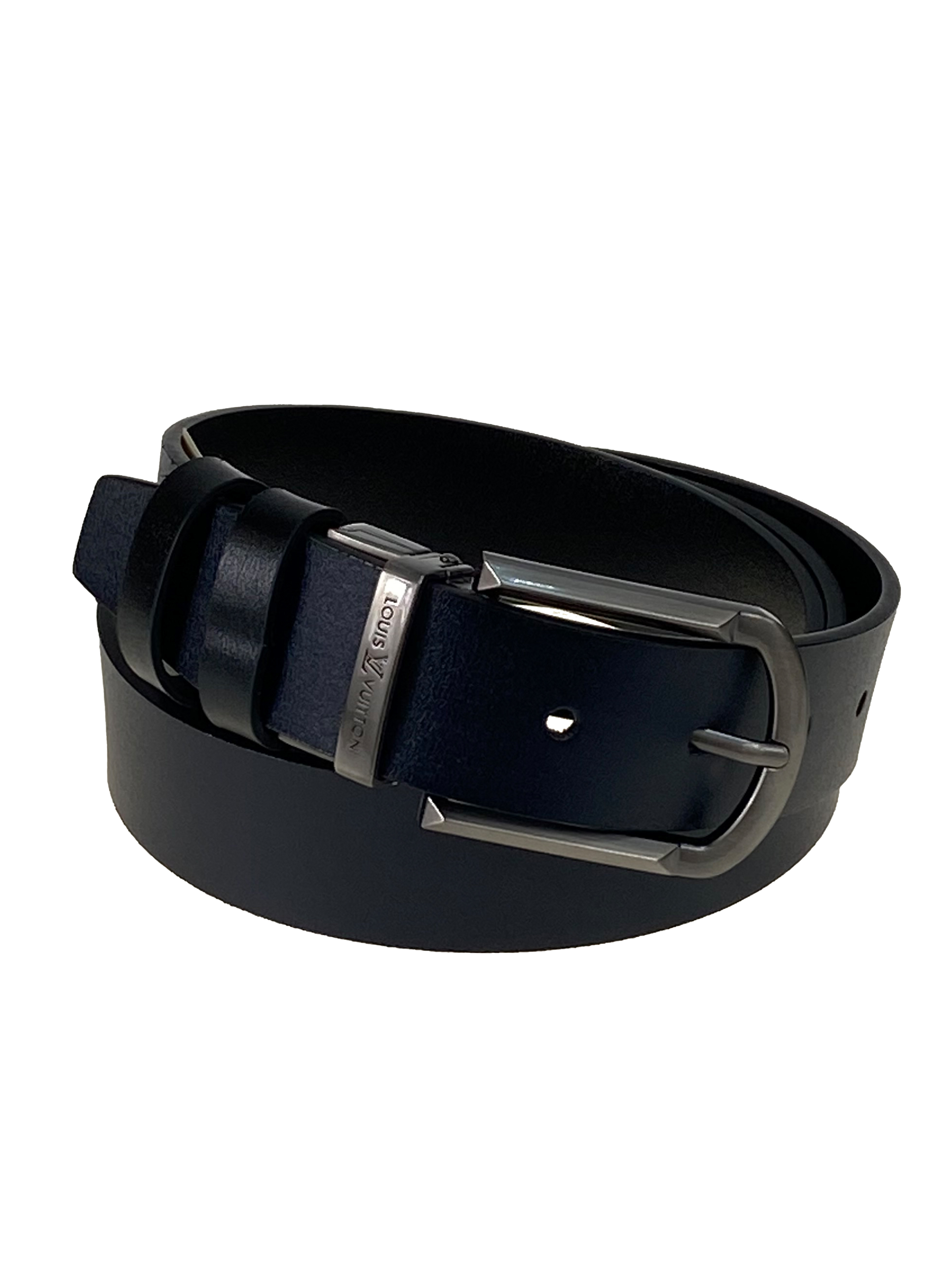 На фото 1 - Мужской ремень из натуральной кожи двусторонний, цвет синий/черный