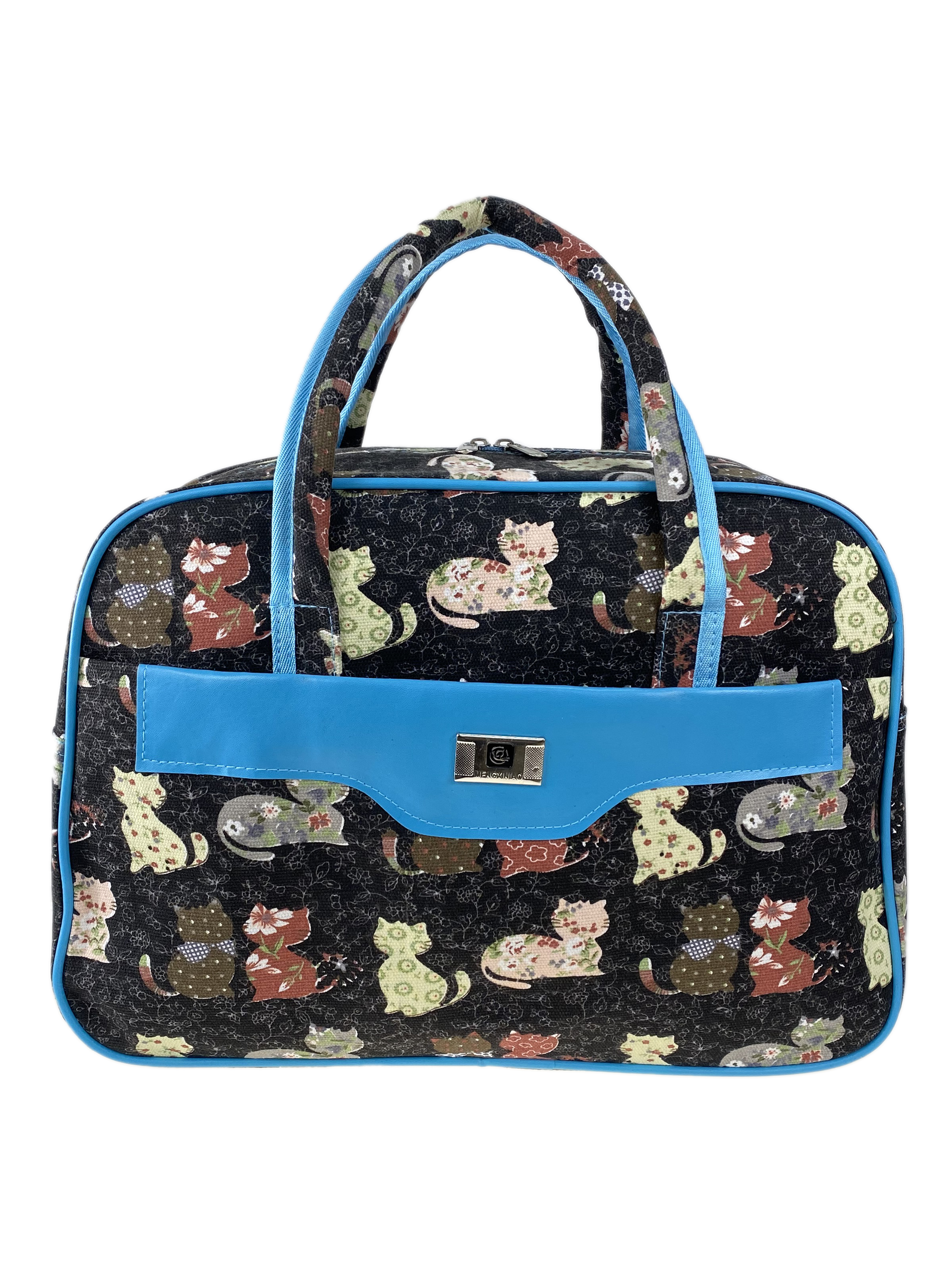 На фото 2 -  Тканевая женская сумка для фитнеса с принтом кошки, мультицвет