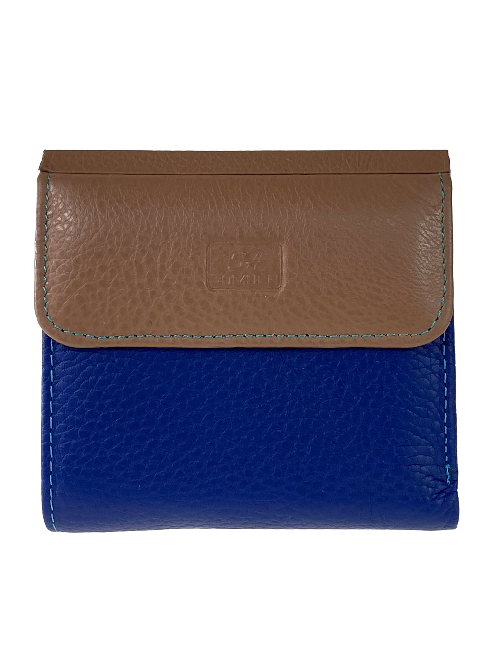 На фото 1 - Женский кошелёк из фактурной натуральной кожи, цвет синий с бежевым