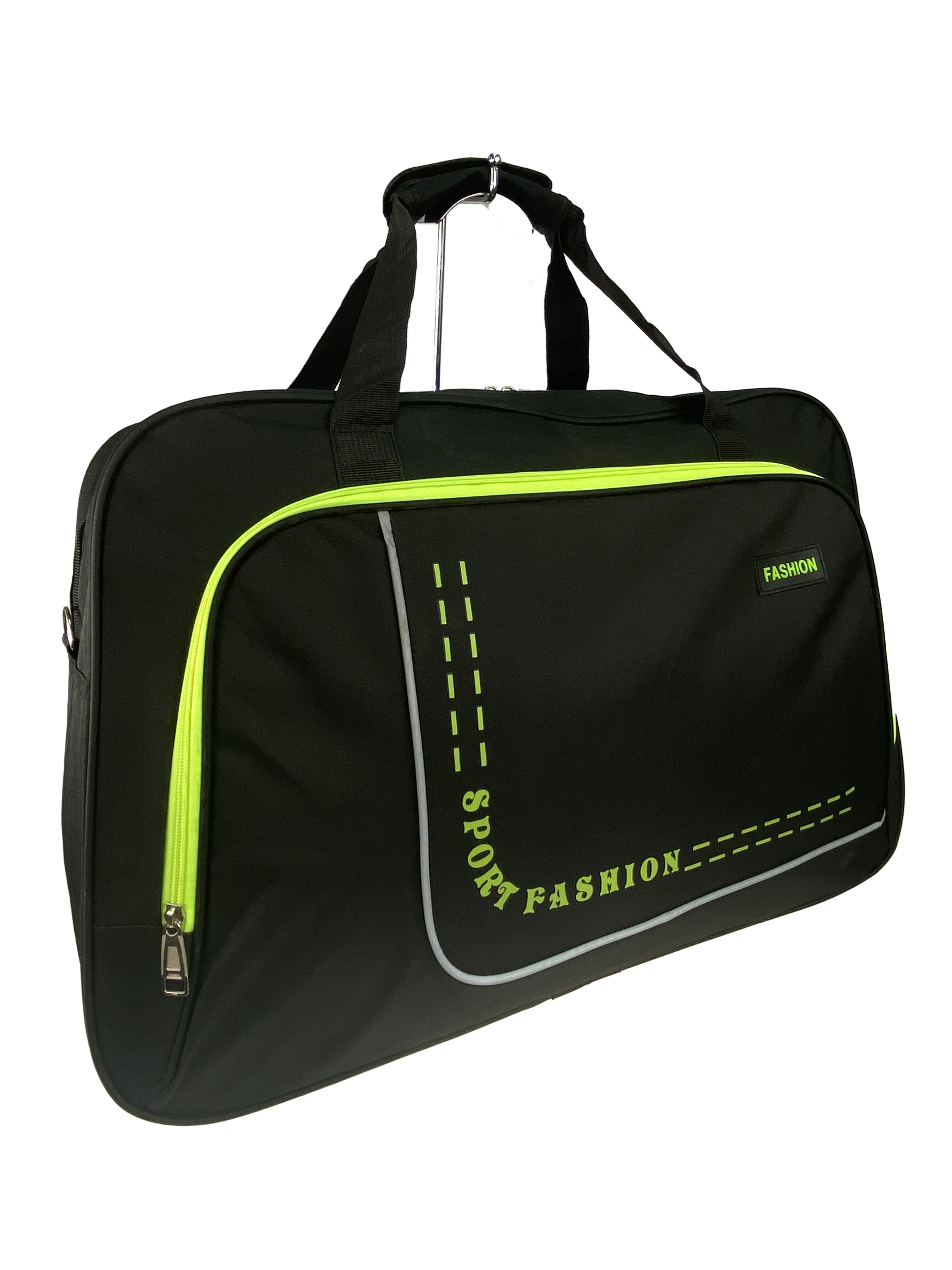На фото 1 - Большая дорожно-спортивная сумка из текстиля, цвет чёрный с салатовым