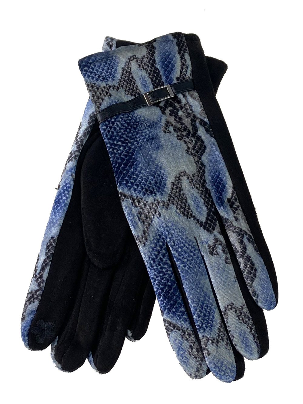 На фото 1 - Женские перчатки из велюра и текстиля со змеиным принтом, цвет синий