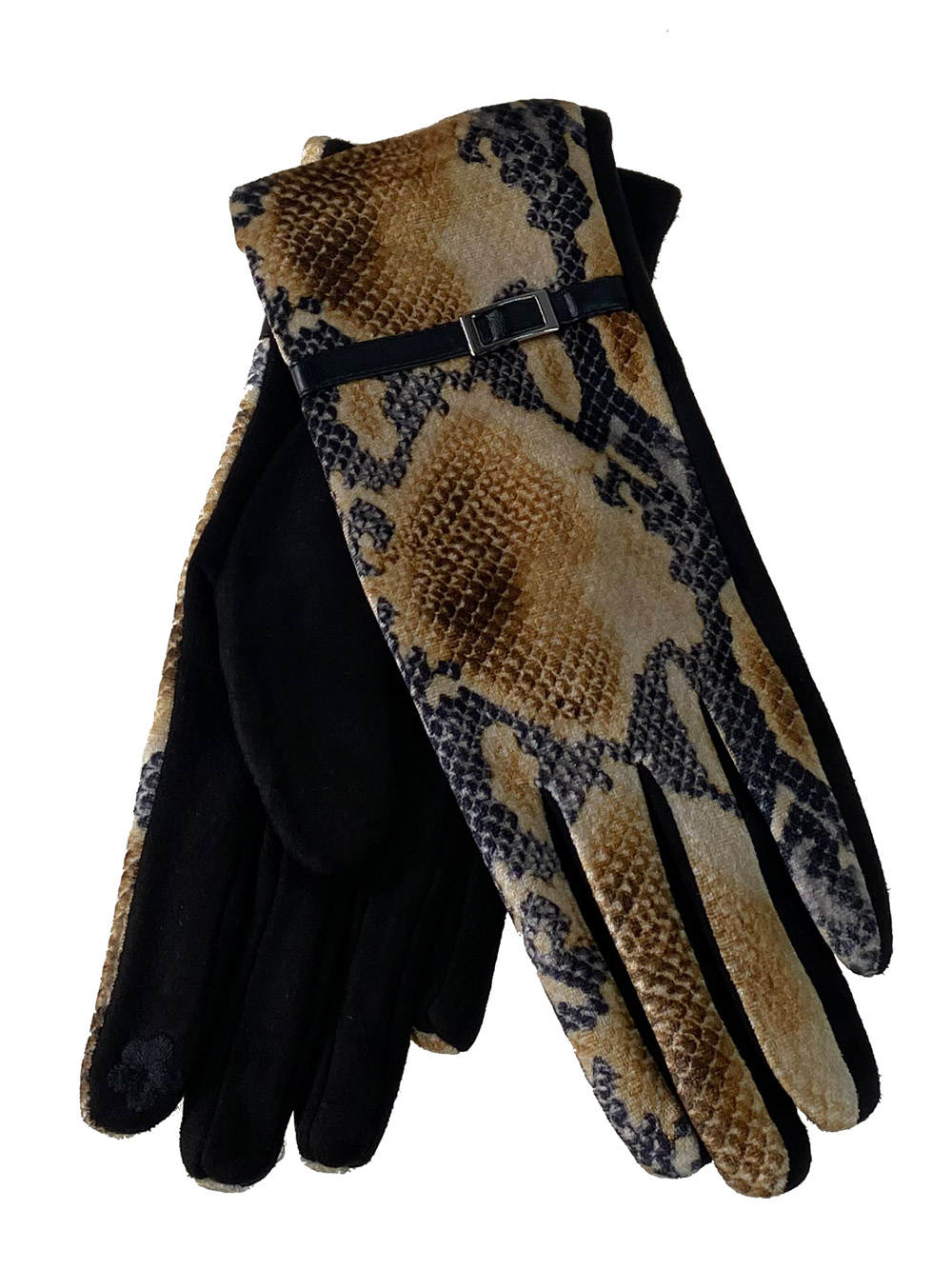 На фото 1 - Женские перчатки из велюра и текстиля со змеиным принтом, цвет рыжий