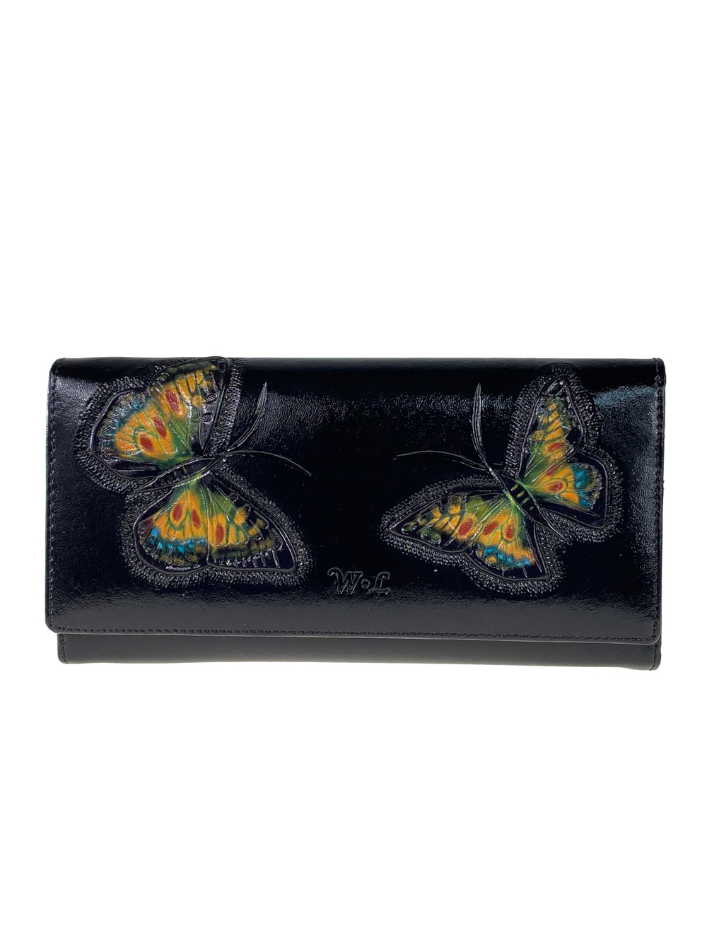 На фото 1 - Женское кожаное портмоне с декором в виде бабочек, цвет чёрный