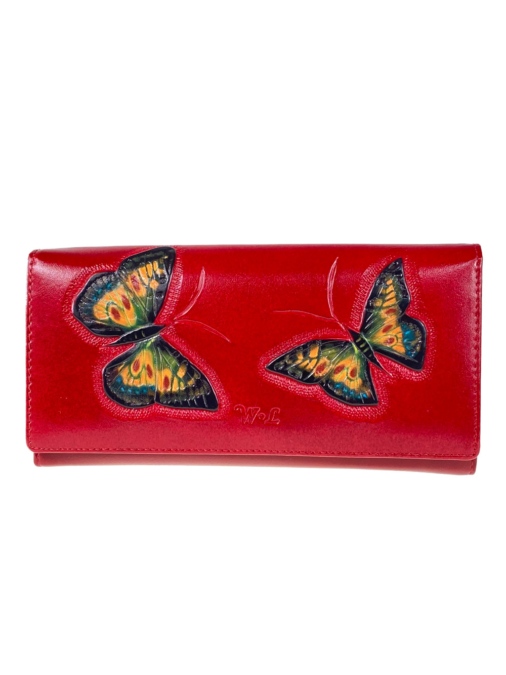 На фото 1 - Женское кожаное портмоне с декором в виде бабочек, цвет рубиновый