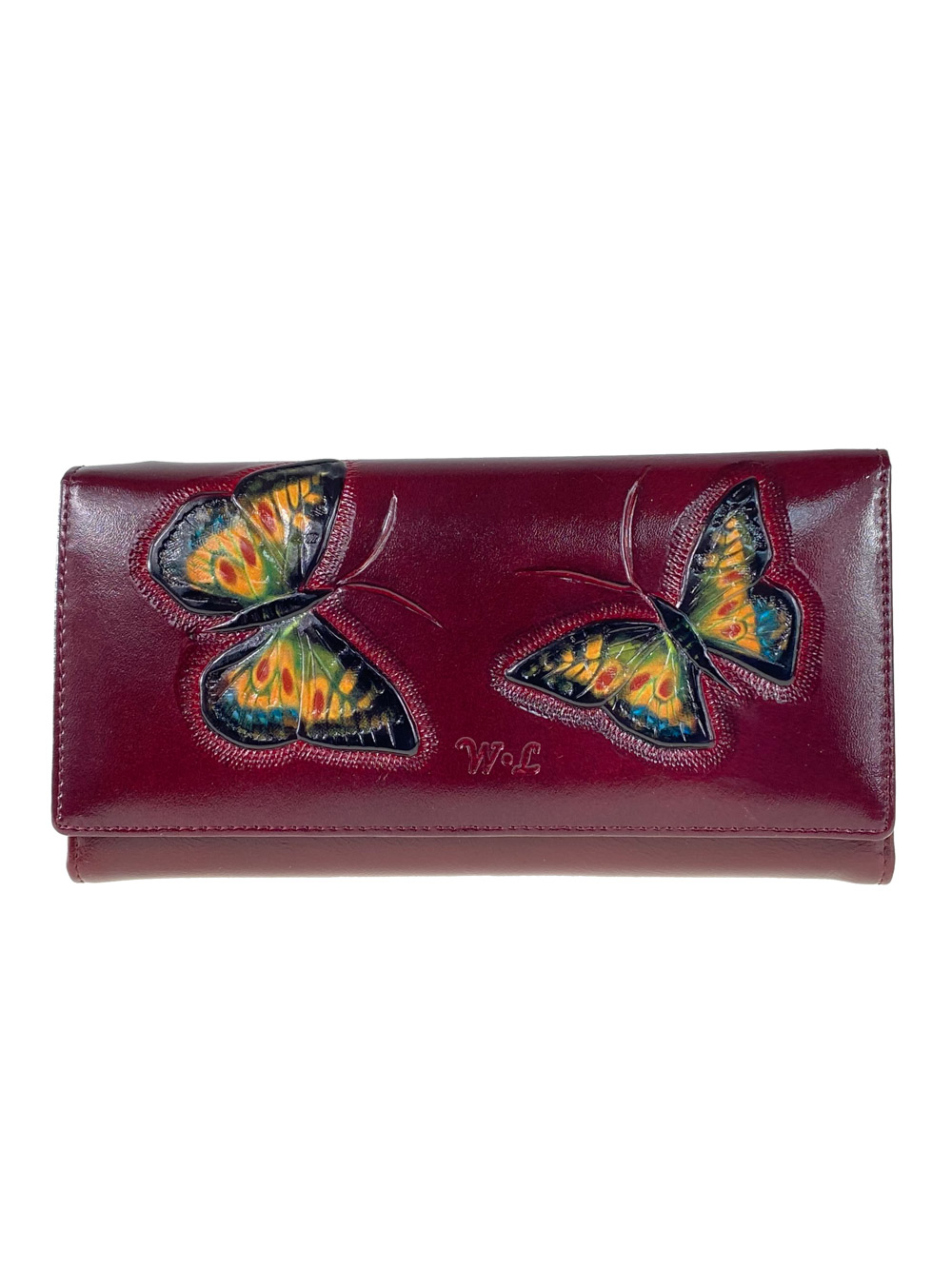 На фото 1 - Женское кожаное портмоне с декором в виде бабочек, цвет бордовый