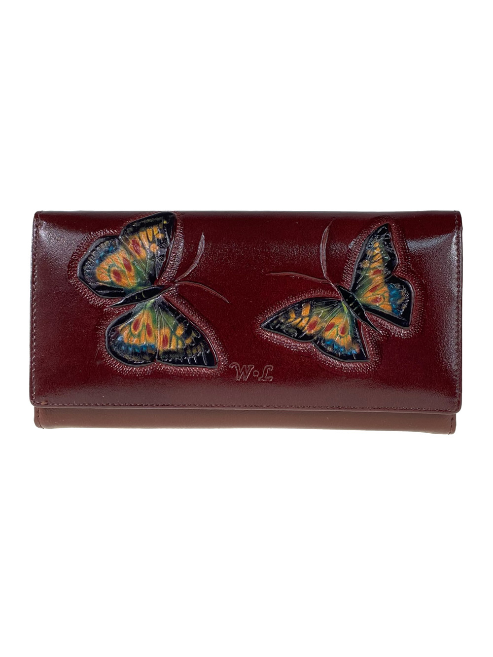 На фото 1 - Женское кожаное портмоне с декором в виде бабочек, цвет коричневый